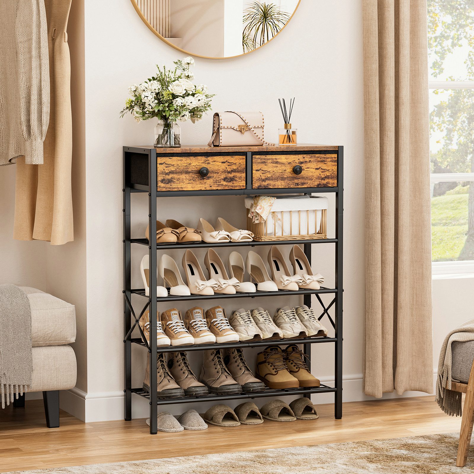 FABATO Schuhregal 5-stufiger Schuhorganizer mit 2 Vliesstoff-Schubladen & Holzplatte, 1-tlg., für Diele, Flur oder Kleiderschrank in Rustikal Braun