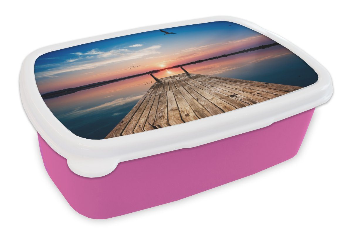 MuchoWow Lunchbox Steg - Wasser - Sonnenuntergang - Rosa - Horizont, Kunststoff, (2-tlg), Brotbox für Erwachsene, Brotdose Kinder, Snackbox, Mädchen, Kunststoff