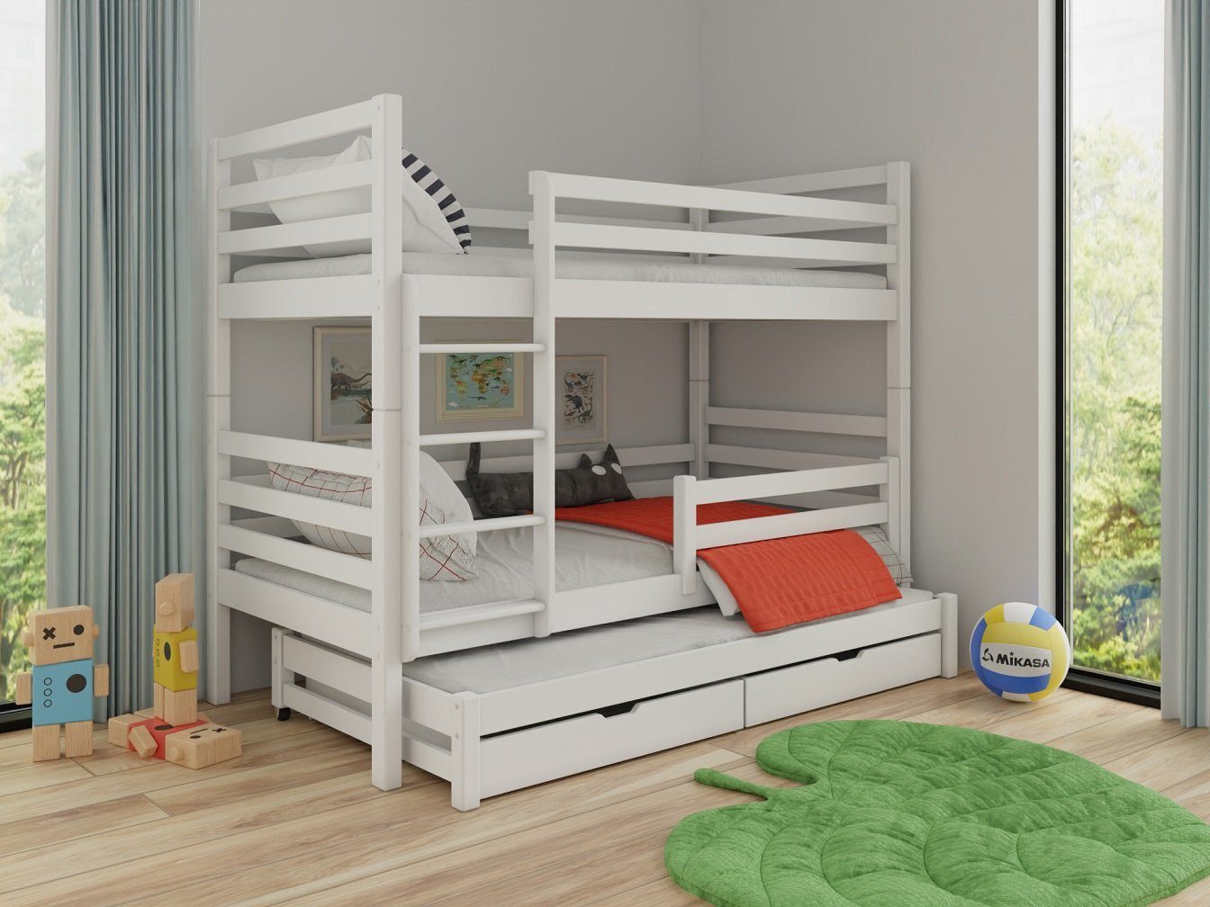 Deine Möbel 24 Etagenbett Hochbett mit Ausziehbett LEON für 3 Kinder 90x200 Weiß (Kinderbett mit Lattenrost, 2 Schubladen, Leiter und Rausfallschutz), Funktionsbett aus Massivholz / Vollholz, in 2 Betten umbaubar