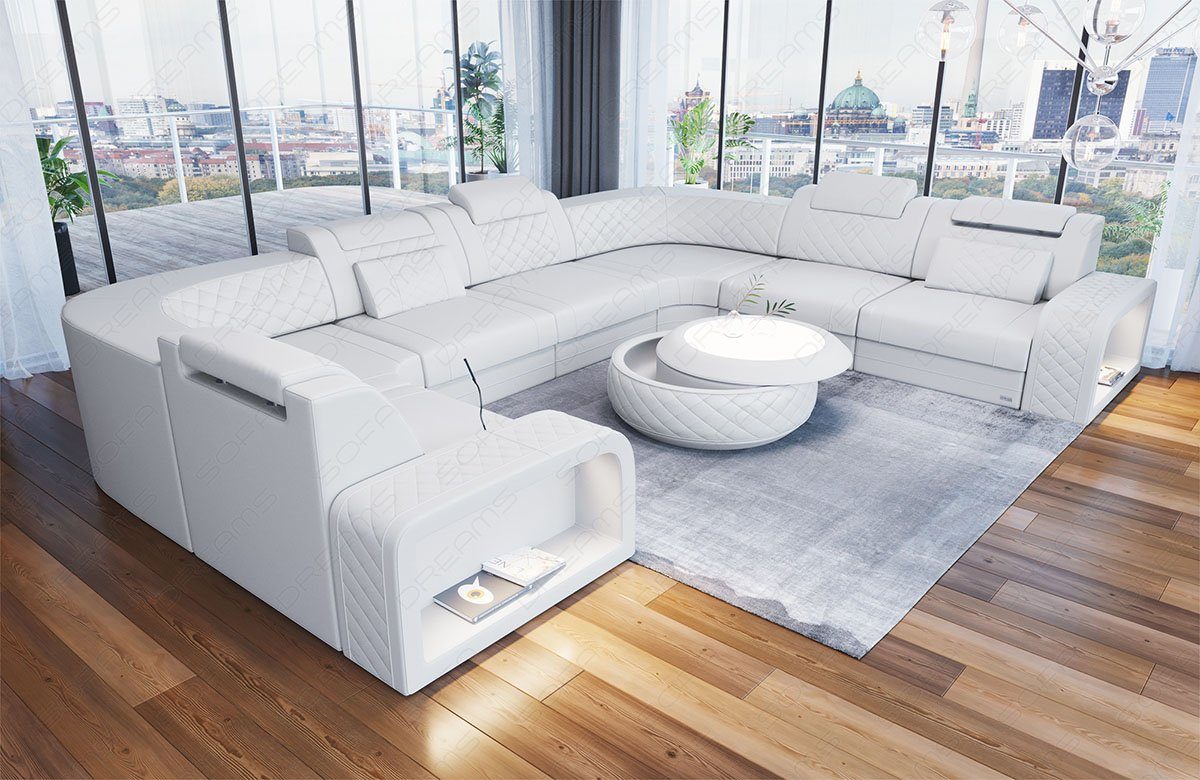 Sofa Dreams Wohnlandschaft Ledersofa LED, Designersofa Sofa, Foggia verstellbare U Leder Kopstützen, Form mit Couch