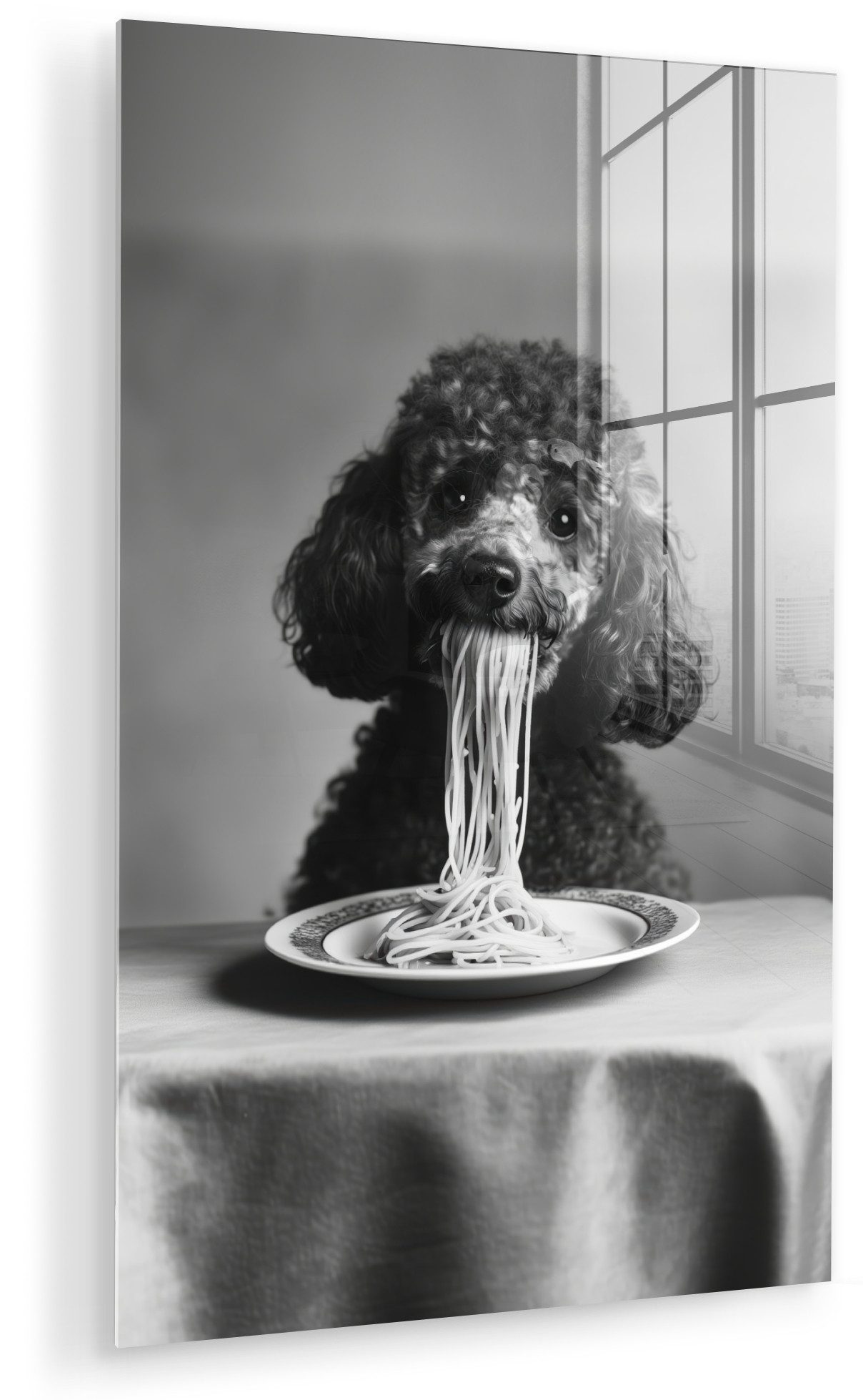 MuchoWow Acrylglasbild Pudel - Hund - Schwarz - Weiß - Niedlich - Nudeln, Inkl. Aufhängung, Dekorative Bild für Küche & Wohnzimmer auf Glas, 20x30 cm