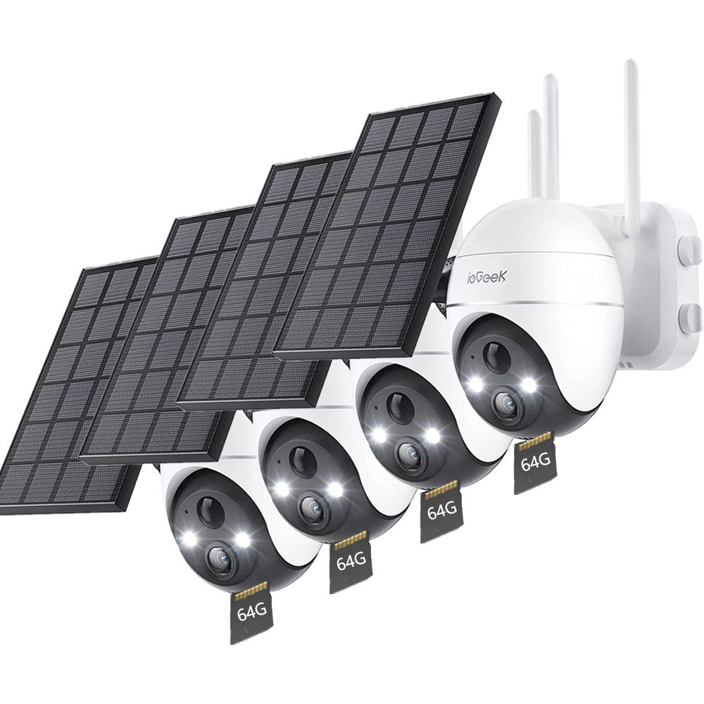 ieGeek Überwachungskamera 4 Stück 5MP 2K FHD Überwachungskamera Aussen Akku WLAN Kabllose (Aussen, Außenbereich, außen, mit 64G TF Karte Überwachungskamera mit Solarpanel und Scheinwerfer, Farbige Nachtsicht PTZ-Schwenkung Alexa-kompatibel, Licht-und Tonalarm 2-Wege-Audio 4DBi WLAN-Antenne)