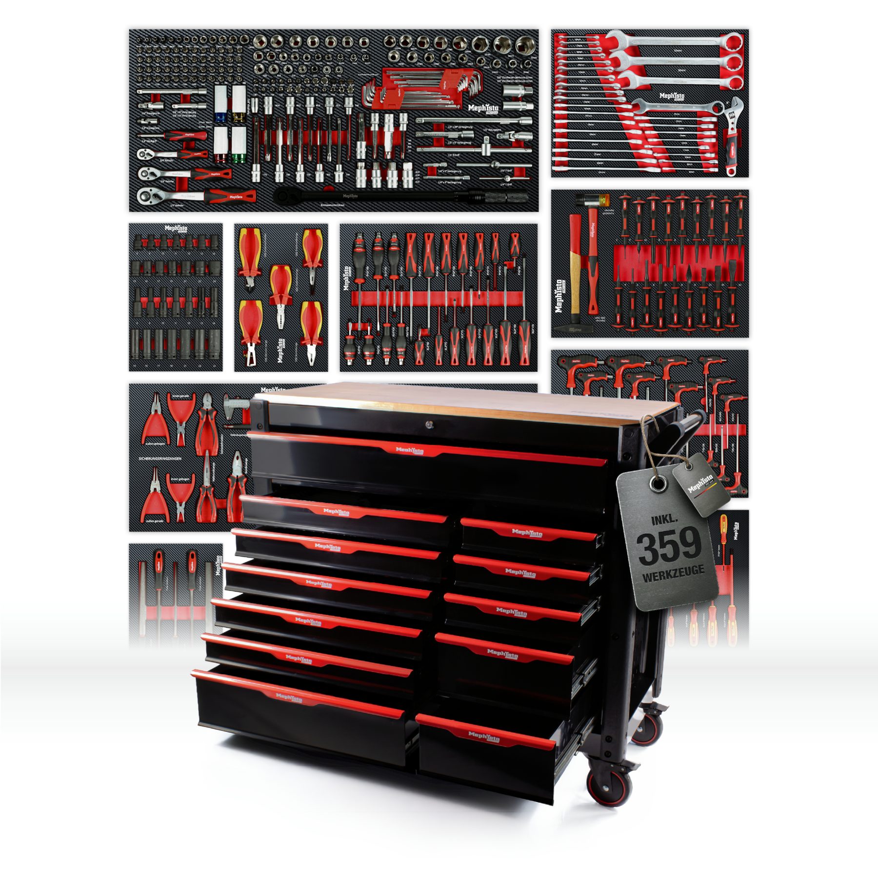 Mephisto-Tools Werkzeugwagen, (umfangreich bestückt), 12 abschließbare Schubladen, Werkzeug ist aus hochwertigem CRV