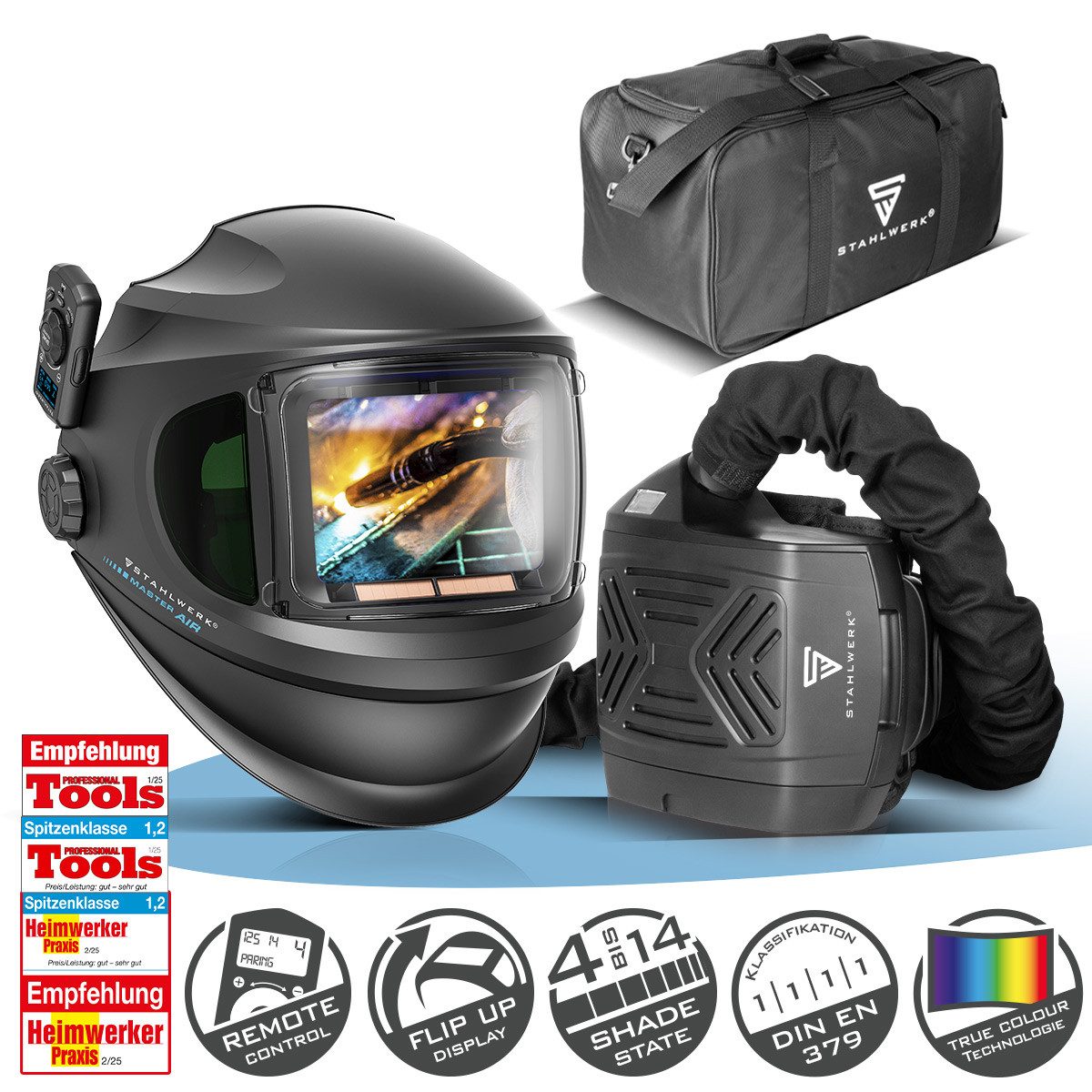 STAHLWERK Schweißhelm Automatik-Schweißhelm mit Frischluftzufuhr, True-Colour-Farbwiedergabe