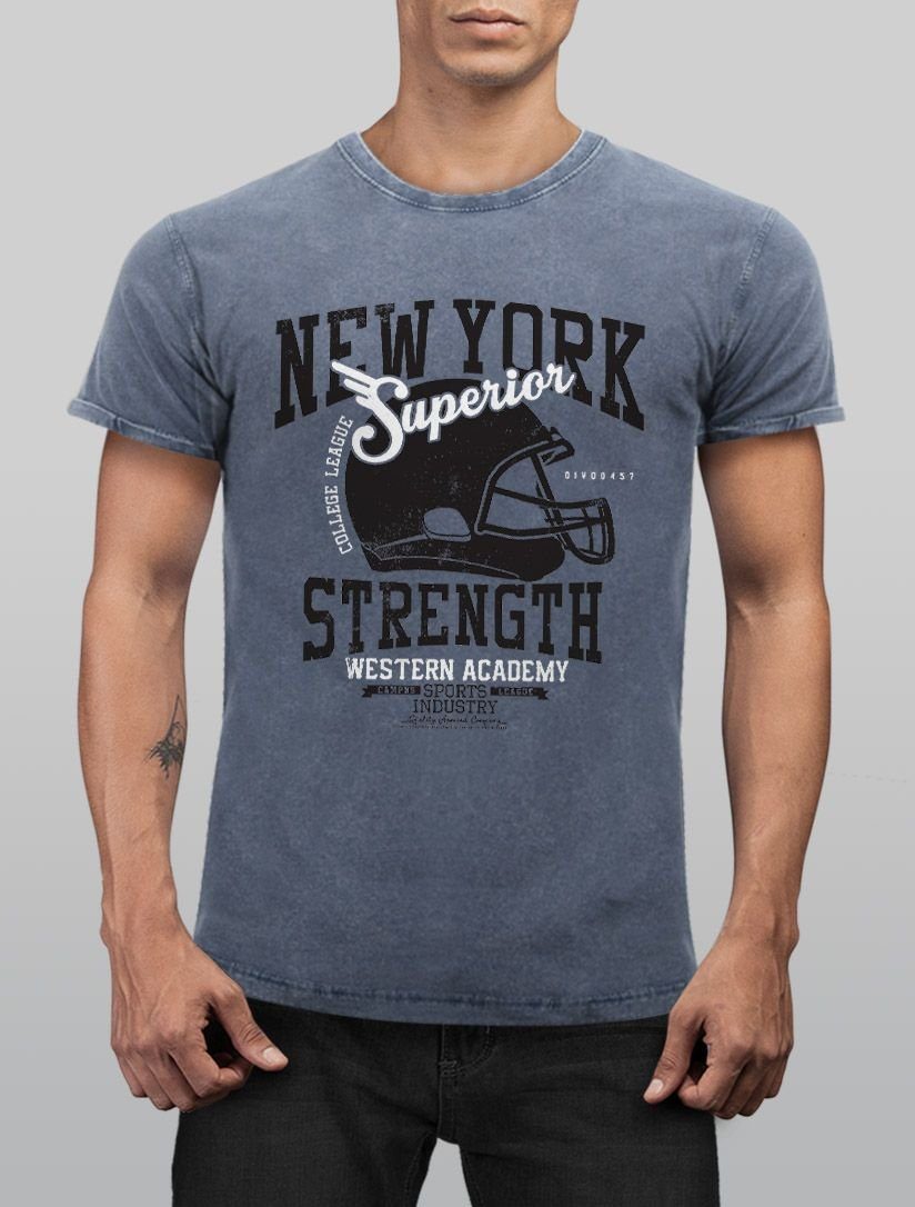 blau Vintage Print T-Shirt Neverless® Helmet Football Fit Slim Used Shirt Angesagtes Herren mit Neverless New Print-Shirt Aufdruck York Look Cooles