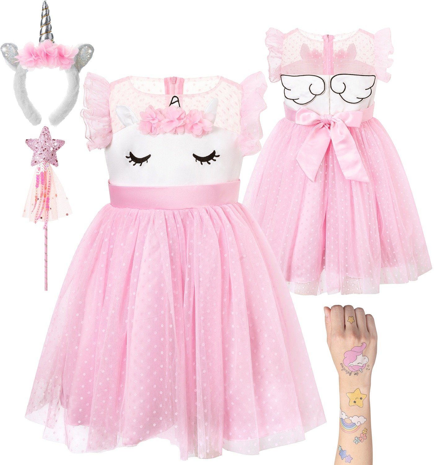 Corimori Prinzessin-Kostüm Bequemes Einhorn Kleid für Kinder, Karneval Set, mit Flügeln, Haarreif, Glitzer Zauberstab und Tattoos, Größe 140/146