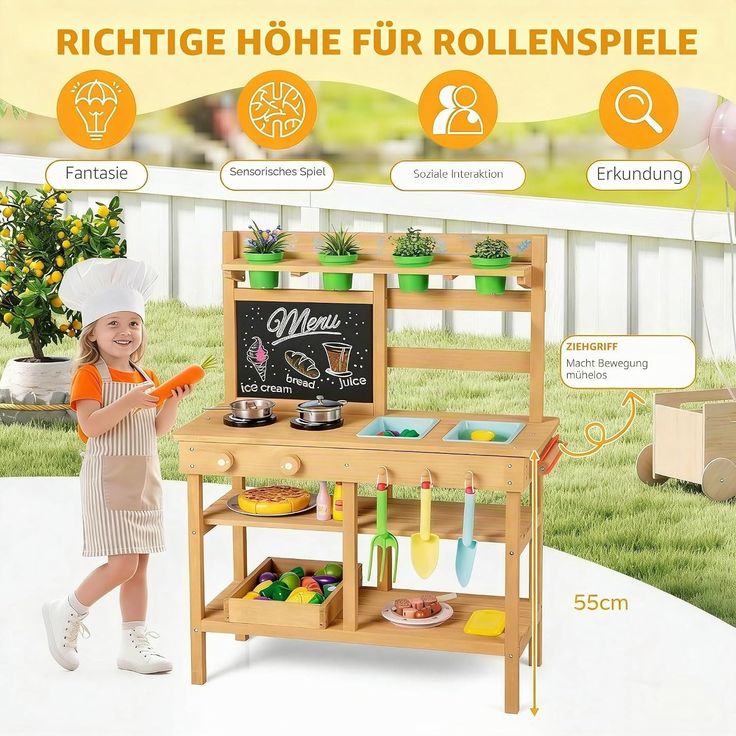 KOMFOTTEU Outdoor-Spielküche, mit abnehmbaren Spülen, Tafel, Herd, Blumentöpfen & Gartenwerkzeugen