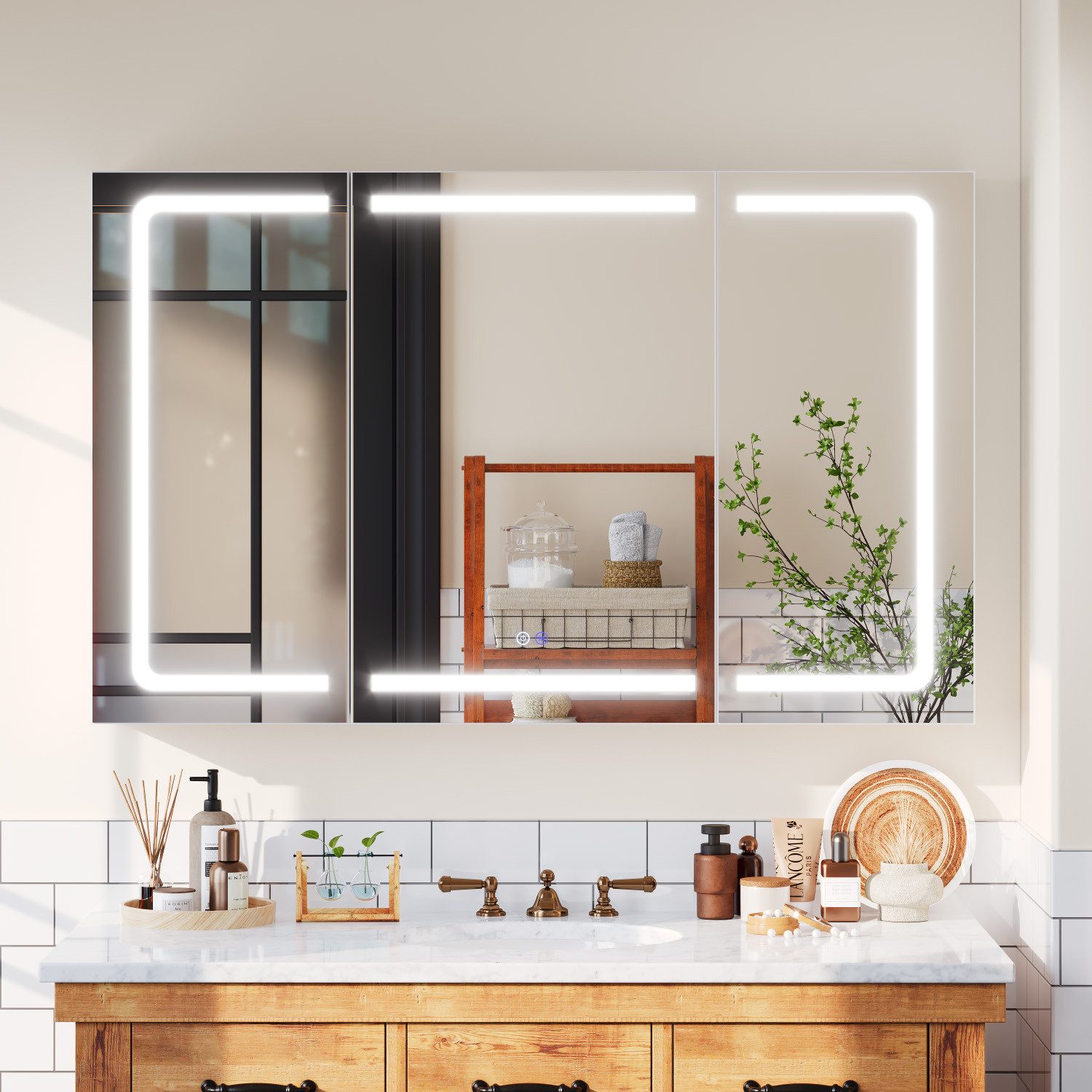 GUNJI Badezimmerspiegelschrank Badezimmerspiegelschrank 3-Türer, LED-3 Farben, Entnebelung (mit geteilten Fächern, Steckdose, Touchschalter & Helligkeitsregelung)