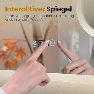 EMKE Badspiegel Badspiegel mit Beleuchtung LED Wandspiegel mit 3-fach Vergrößerung, Touchschalter, Beschlagfrei, Uhr,Energiesparend (Modell M)