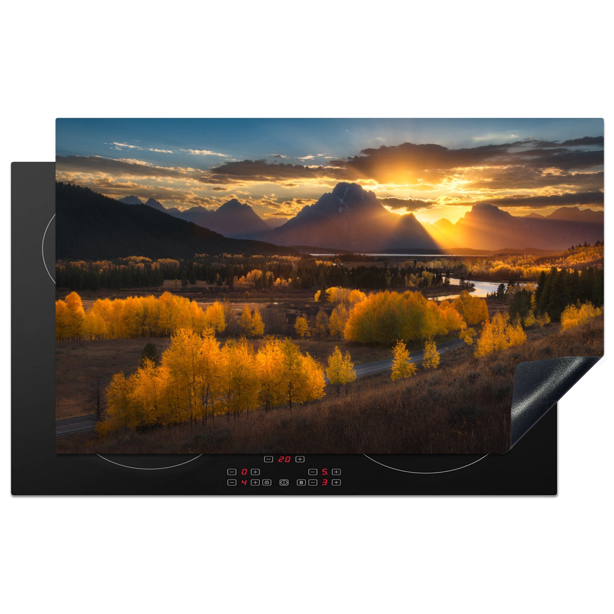 in Schöner Staaten, MuchoWow den Vinyl, Vereinigten (1 in für 83x51 den Ceranfeldabdeckung, Sonnenuntergang tlg), Arbeitsplatte Teton-Bergen Herdblende-/Abdeckplatte küche cm,