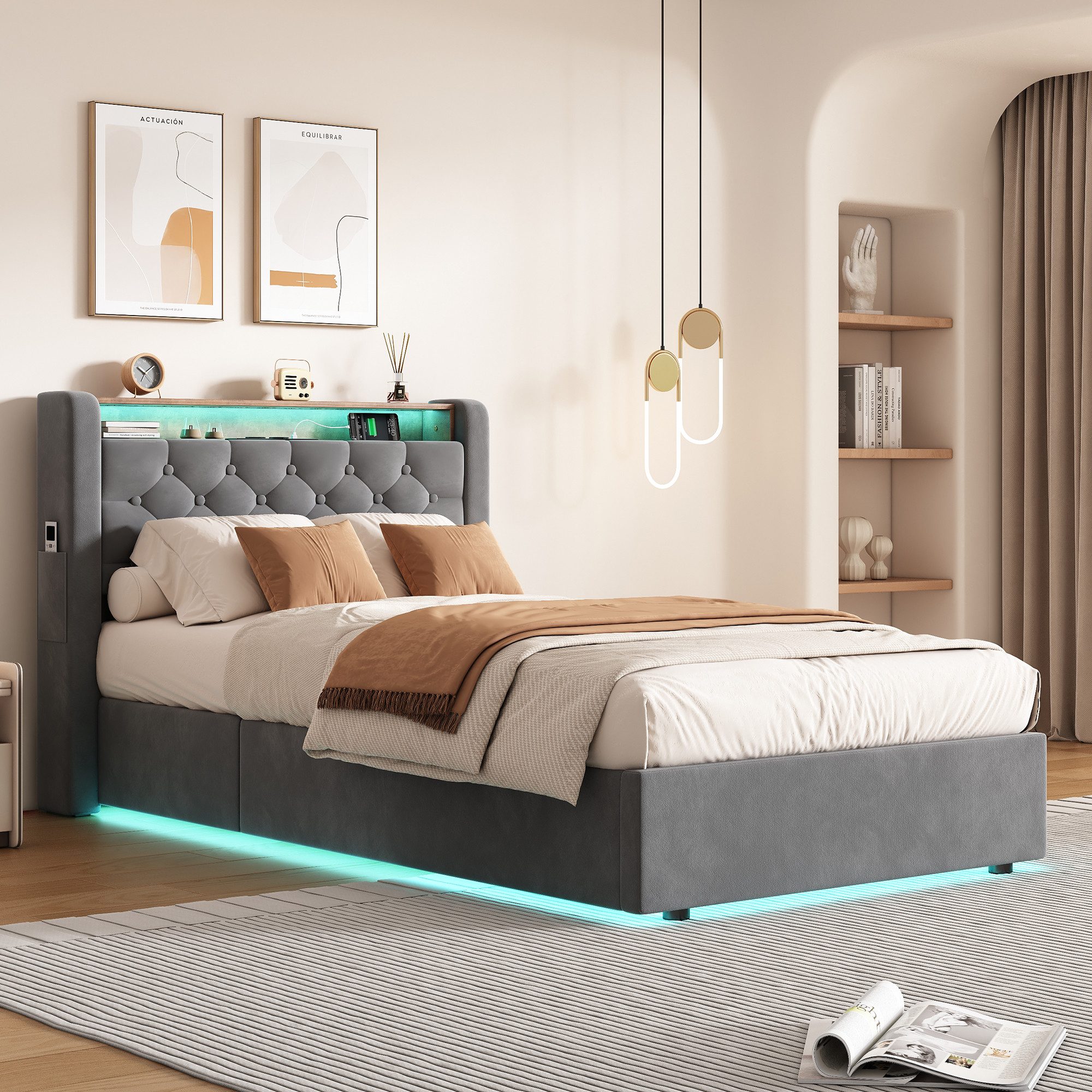 OKWISH Polsterbett mit USB-Anschlüsse, Hollandvelours& Kopfteil-Ablage (Funktionsbett, 1-tlg., Stabiler Metallrahmen in Grau, ohne Matratze), 90x200cm mit Stauraum & LED-Beleuchtung