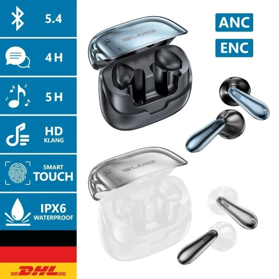 LMG Germany TA11 In-Ear Bluetooth-Kopfhörer mit Case, ANC & ENC >30 dB Bluetooth-Kopfhörer (IOS, Android, HSP, HFP, A2DP, AVRCP, ANC+ENC, 6 Mikrofone, Dual Bass, BT 5.4, 5 h Musik, 300 h Standby)