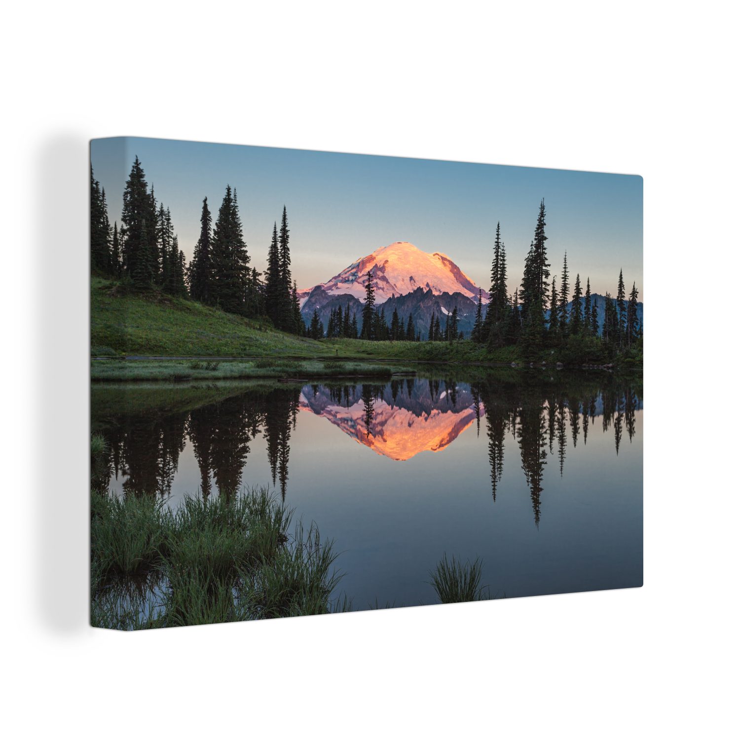 OneMillionCanvasses® Leinwandbild Der Berg spiegelt sich im Wasser des Mount Rainier National Park, (1 St), Wandbild Leinwandbilder, Aufhängefertig, Wanddeko, 30x20 cm