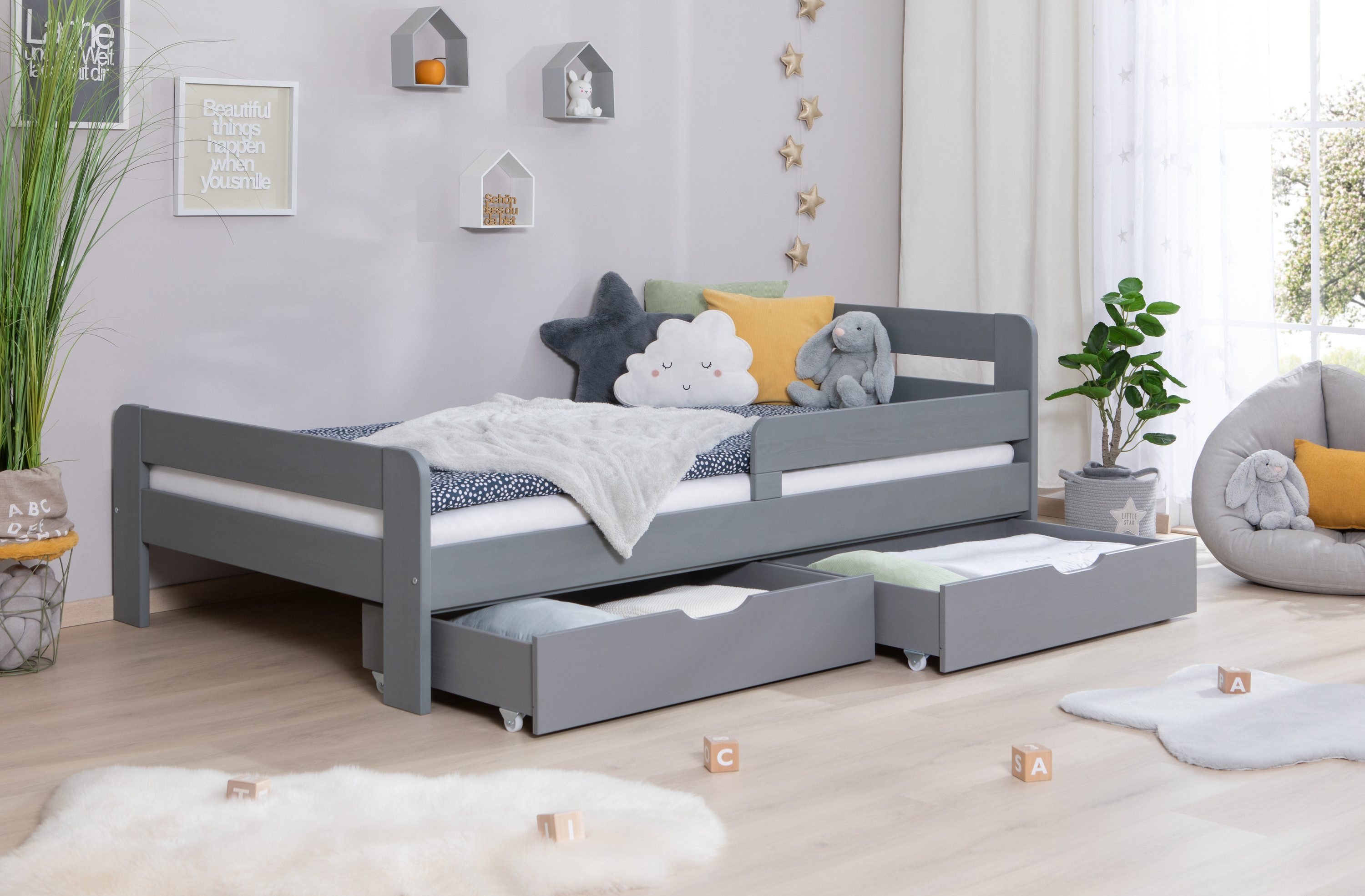 Ticaa Bettgestell Einzelbett Kinderbett Jugendbett "Bennet" mit, Einzelbett inkl. Rausfallschutz – Bild 2 von 5