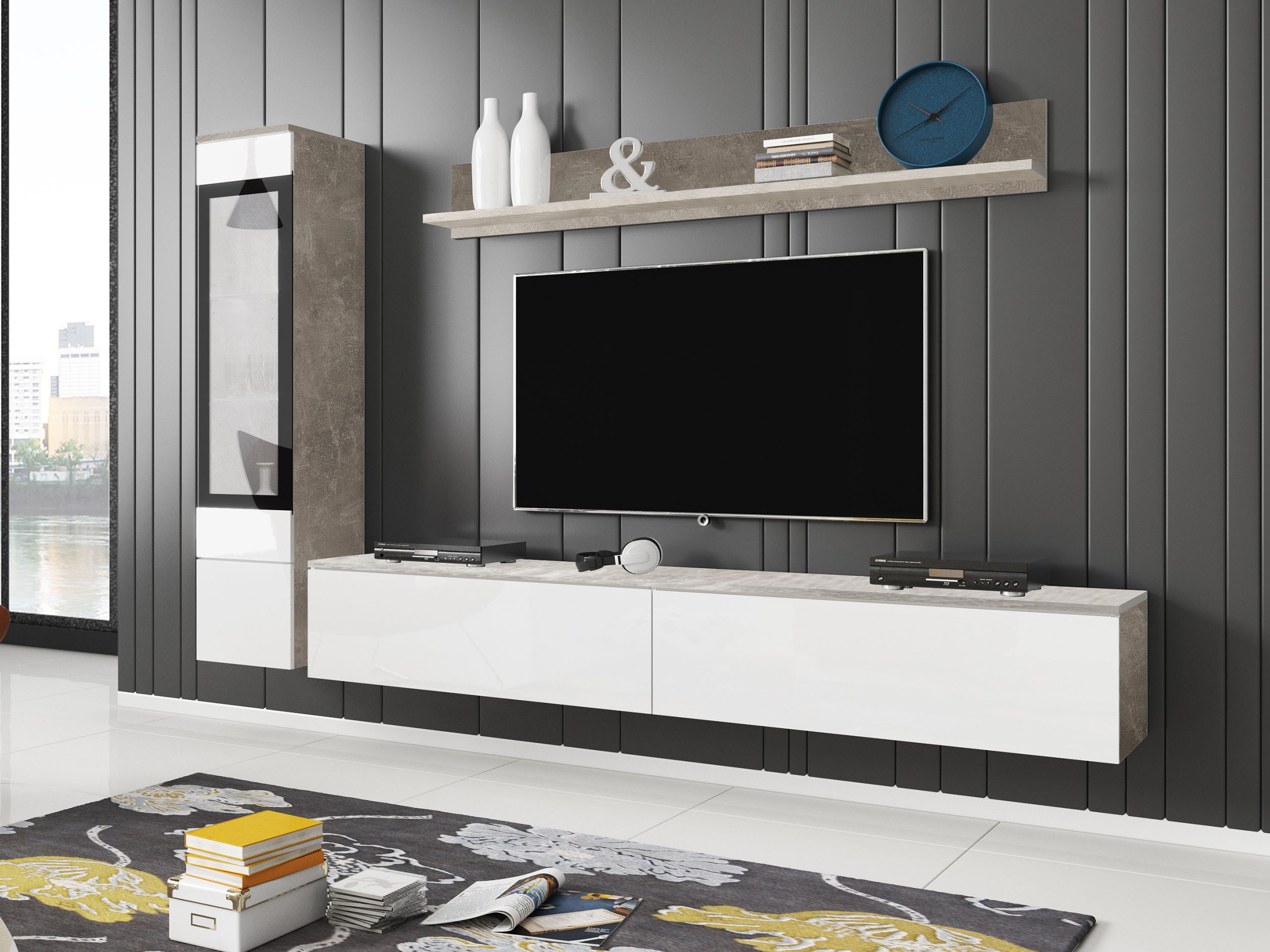 MIRJAN24 Wohnwand Vera I, (3er-Set, Wandregal, TV-Lowboard, Hängevitrine), griffloses Öffnen