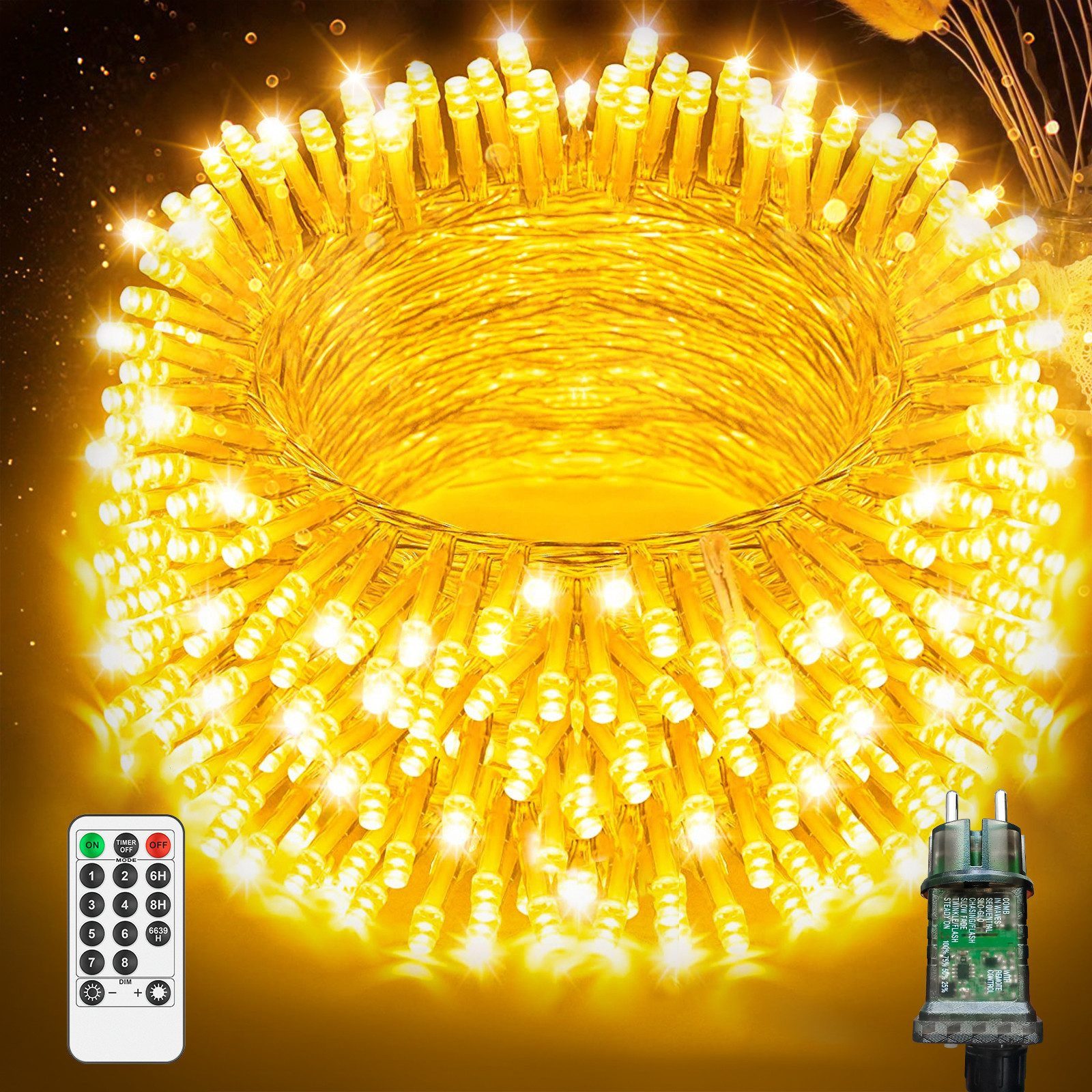 kowdom LED-Lichterkette LED Lichterkette 20m warmweiß mit Fernbedienung 8 Modi Timer IP44, 20m, 200 LEDs, warmweiß, 8 Modi, Timer, Fernbedienung, dimmbar, IP44