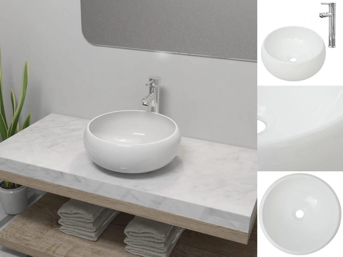 vidaXL Waschtisch Waschbecken Bad mit Mischbatterie Keramik Rund Weiß