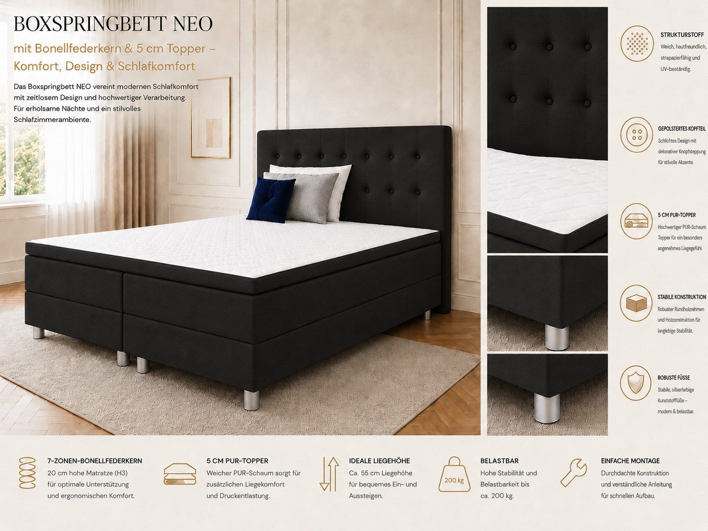 Best for Home Boxspringbett Neo Boxspring bett – 7-Zonen Bonnell Matratze mit Topper, Schwarz (Komplettbett, 6-St., 140x200 160x200 180x200 200x200 cm), TOP Preis-Leistungsverhältnis, schwarz