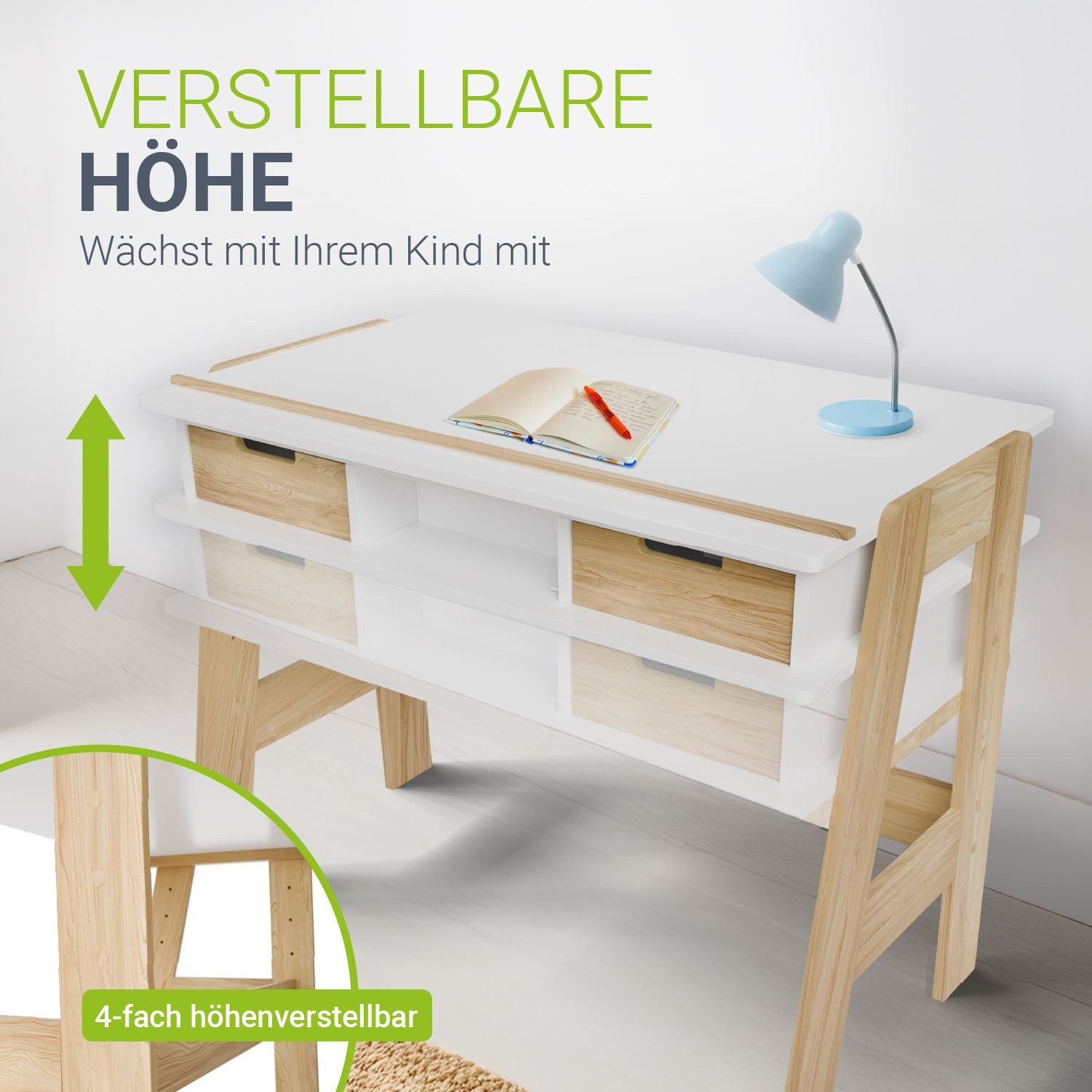 Juskys Kinderschreibtisch Fietje Plus, Neigungs- & höhenverstellbar, Schreibtisch für Kinder, Holz, Stauraum