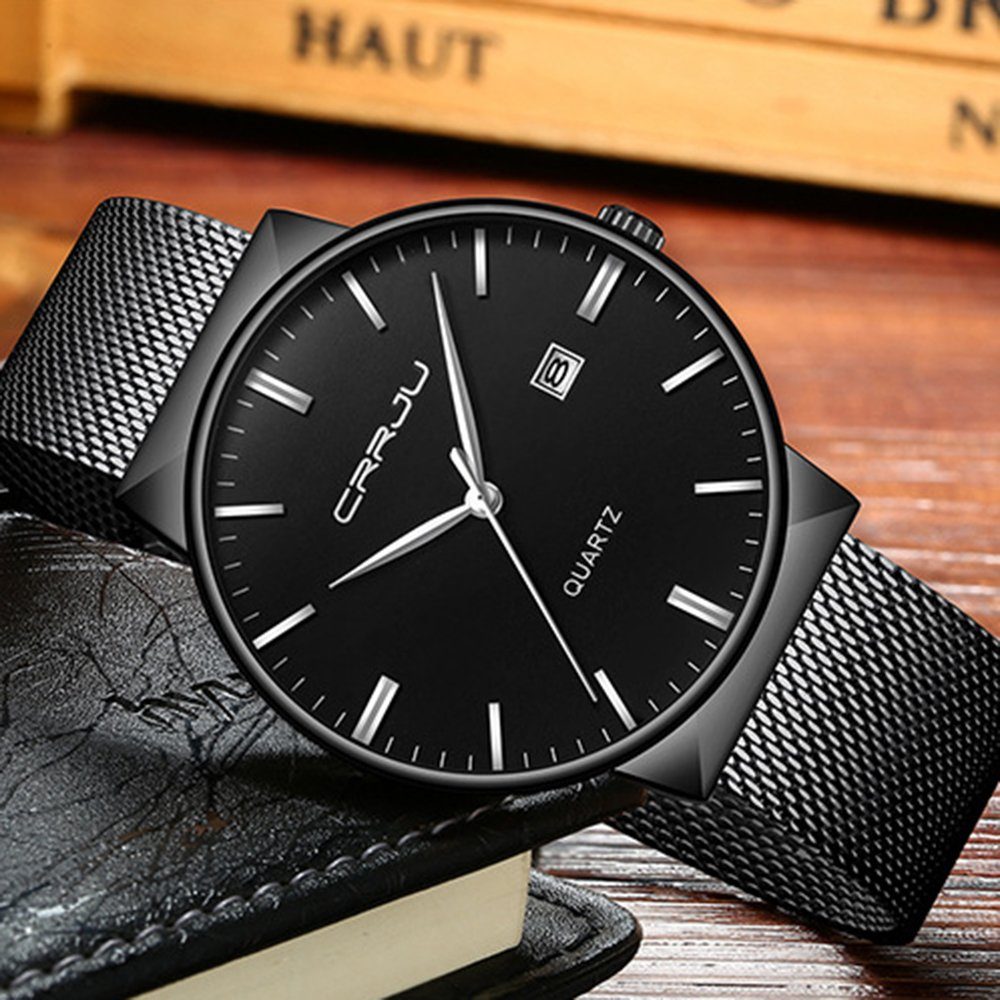 Silber Uhr Schwarz, Dünne Herren Ultra GelldG wasserdicht Datumsanzeige Mode Herrenuhr Armbanduhr