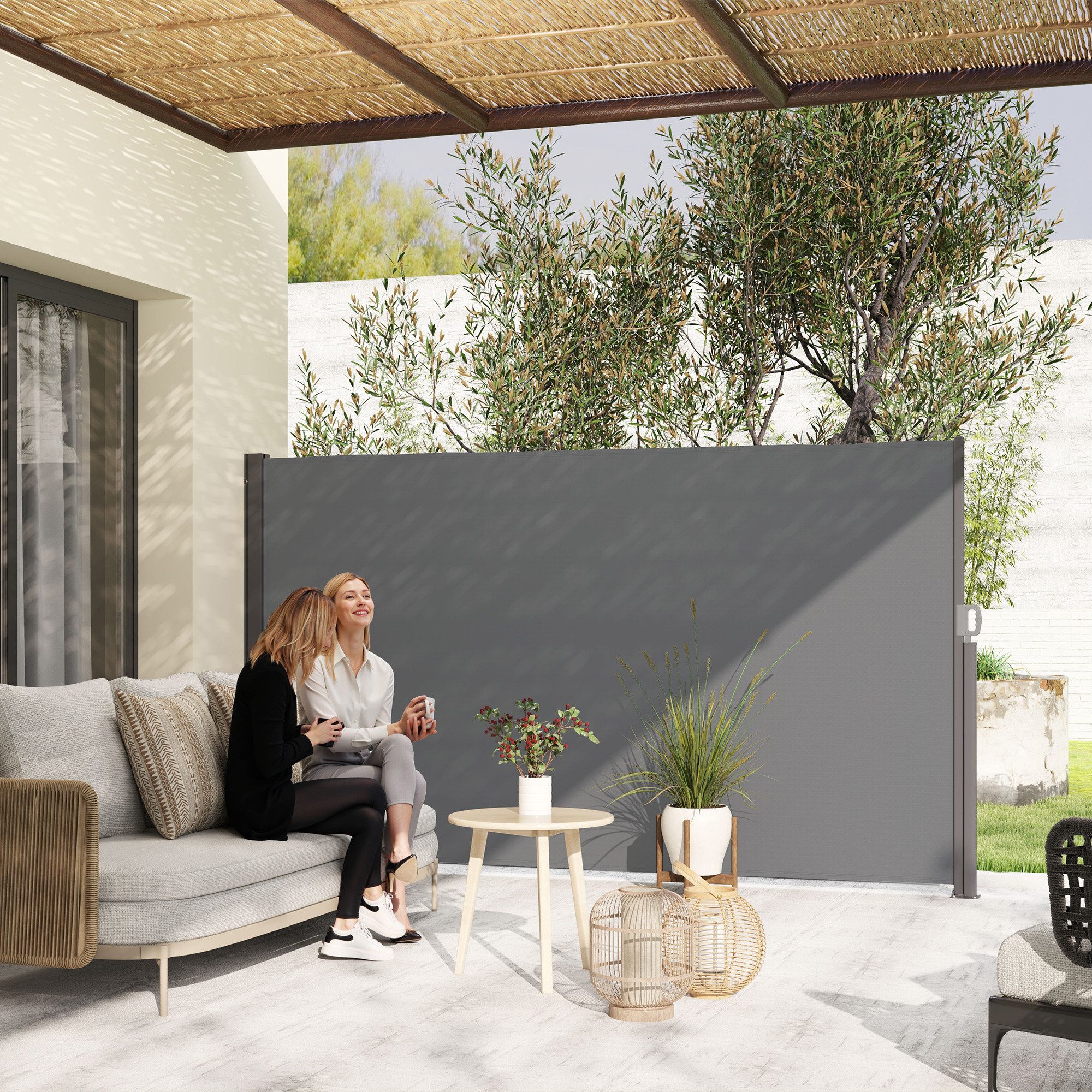 Thumbnail - Outsunny Balkonsichtschutz blickdicht, mit Wandhalterung, Beschichtung, 300x180cm (Einziehbare Seitenmarkise, 1-St., Sic...