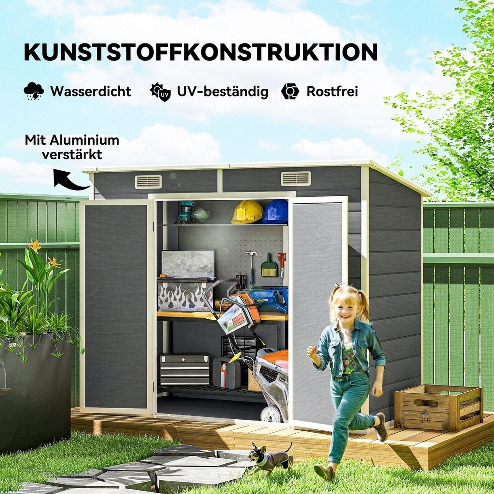 Outsunny Gerätehaus Gartenhaus mit Boden Pultdach, Geräteschuppen, BxT: 238x125 cm, (Gartenhaus, 1 St., Geräteschuppen), aus Alu, für Hinterhof, Garten, Grau – Bild 5 von 5