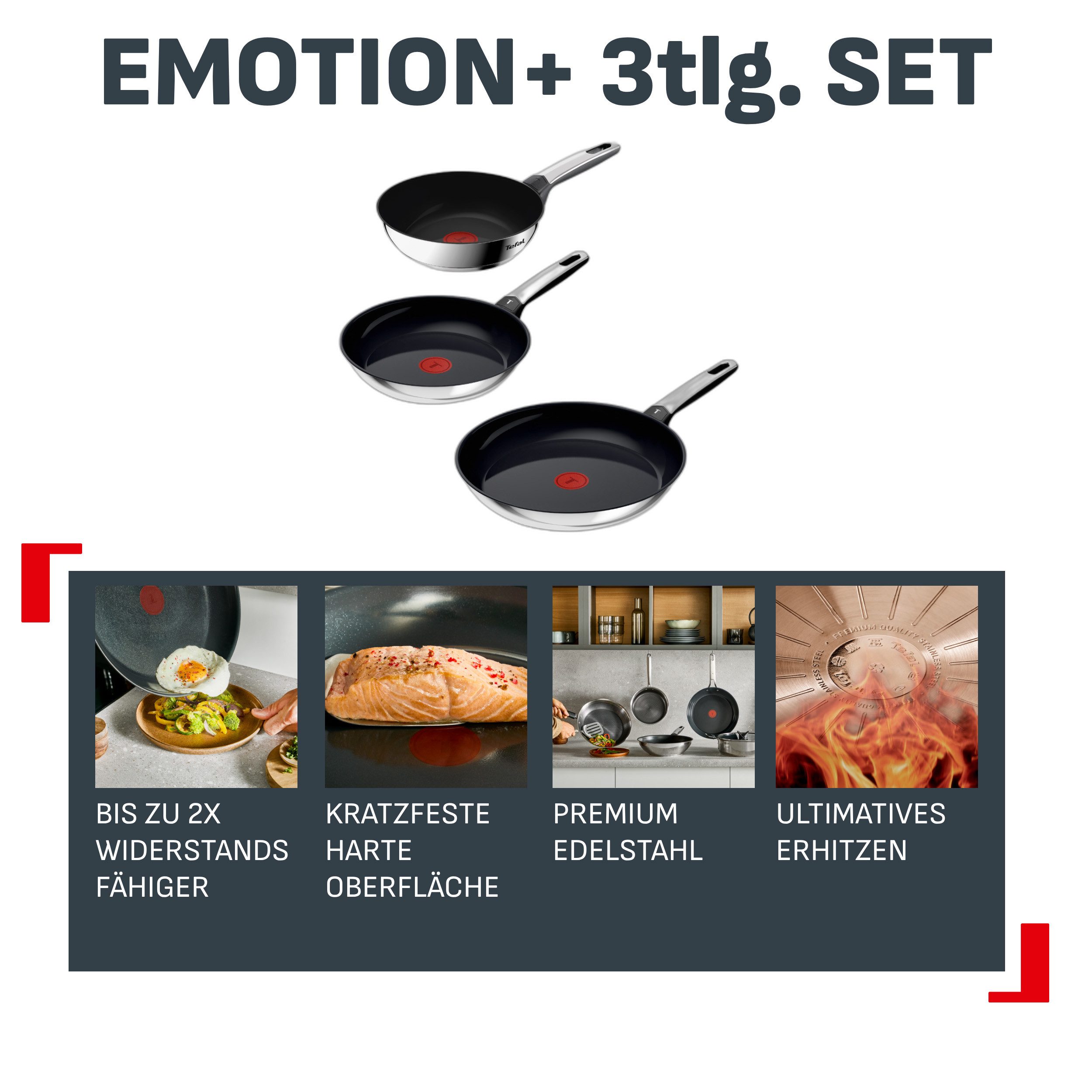 Tefal Pfannen-Set Emotion+, Edelstahl (Set, 3-tlg), Premium Edelstahl, Induktion, spülmaschinenfest, hochglanzpoliert