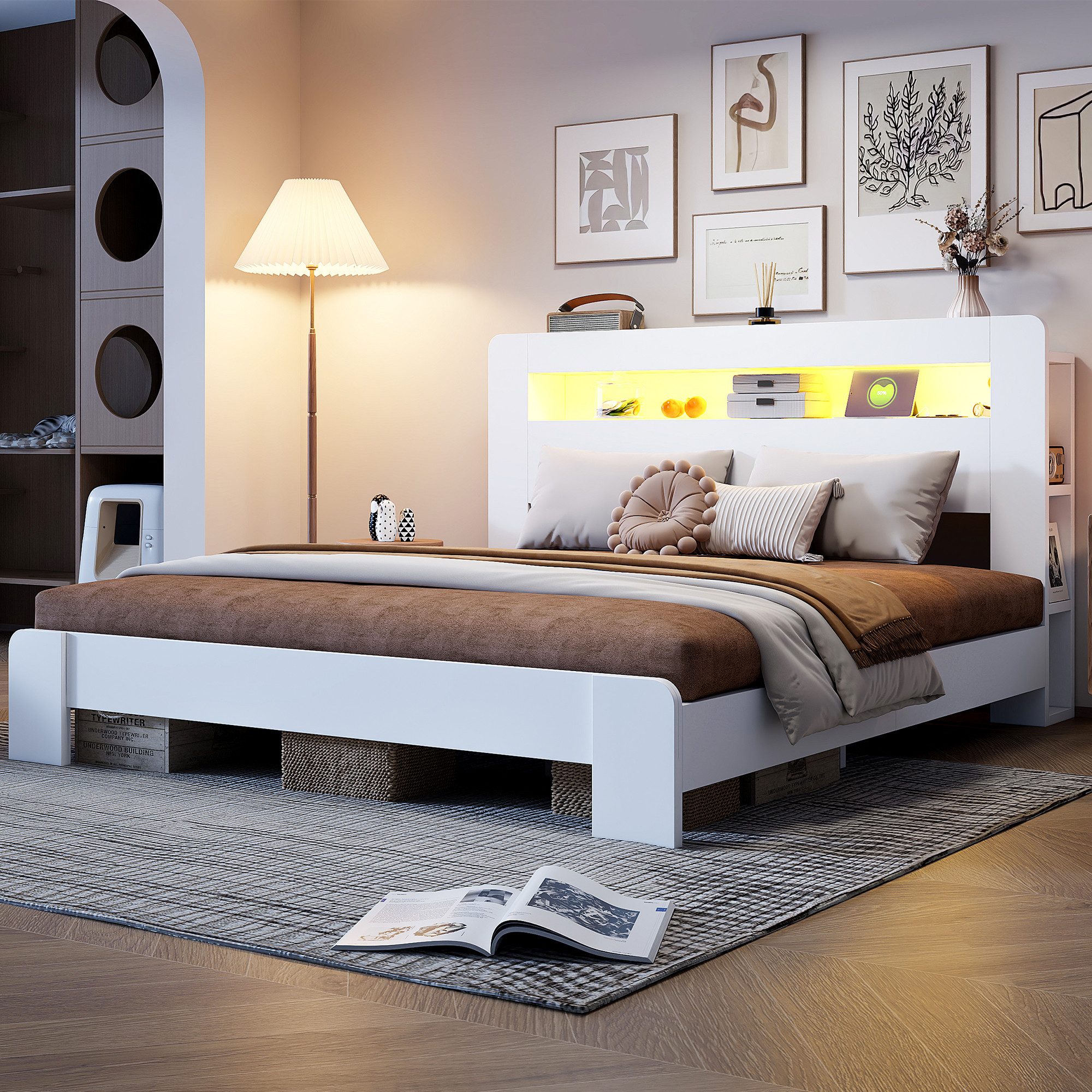 OKWISH Funktionsbett Holzbett Stauraumbett (mit LED-Beleuchtung, integrierten Steckdosen und Stauraum im Kopfteil), ohne Matratze