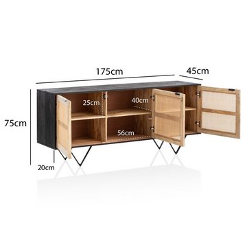 Wohnling Sideboard WL6.799 (175x75x45 cm Mango Massivholz / Rattan Anrichte), Kommode 3 Türen, Hoher Kommodenschrank