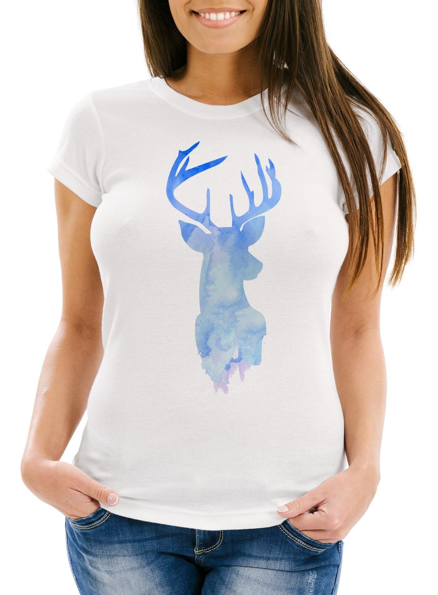 Neverless Print-Shirt Damen T-Shirt Hirsch Geweih Kopf Deer Watercolor Polygon Tier Slim mit Print