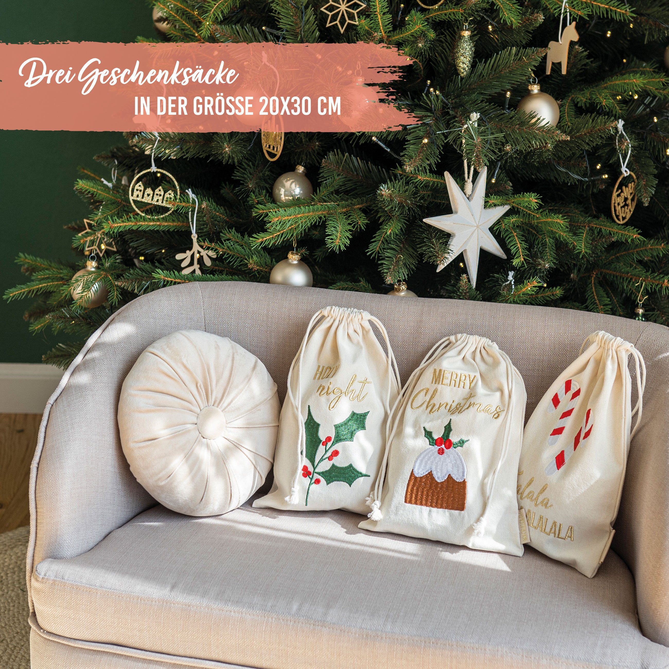PAPIERDRACHEN Geschenkpapier 3 Geschenksäckchen zu Weihnachten - Geschenke nachhaltig einpacken, mit schöner Bestickung