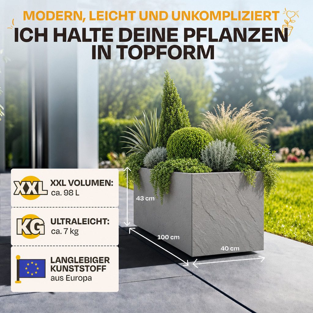 ONDIS24 Pflanzkübel Blumenkübel Blumentopf Vulkan 100cm Vulkan/Basalt Optik, mit Wasserspeicher Pflanzenkasten winterfest, 100 x 40 x 43,5 (H) cm