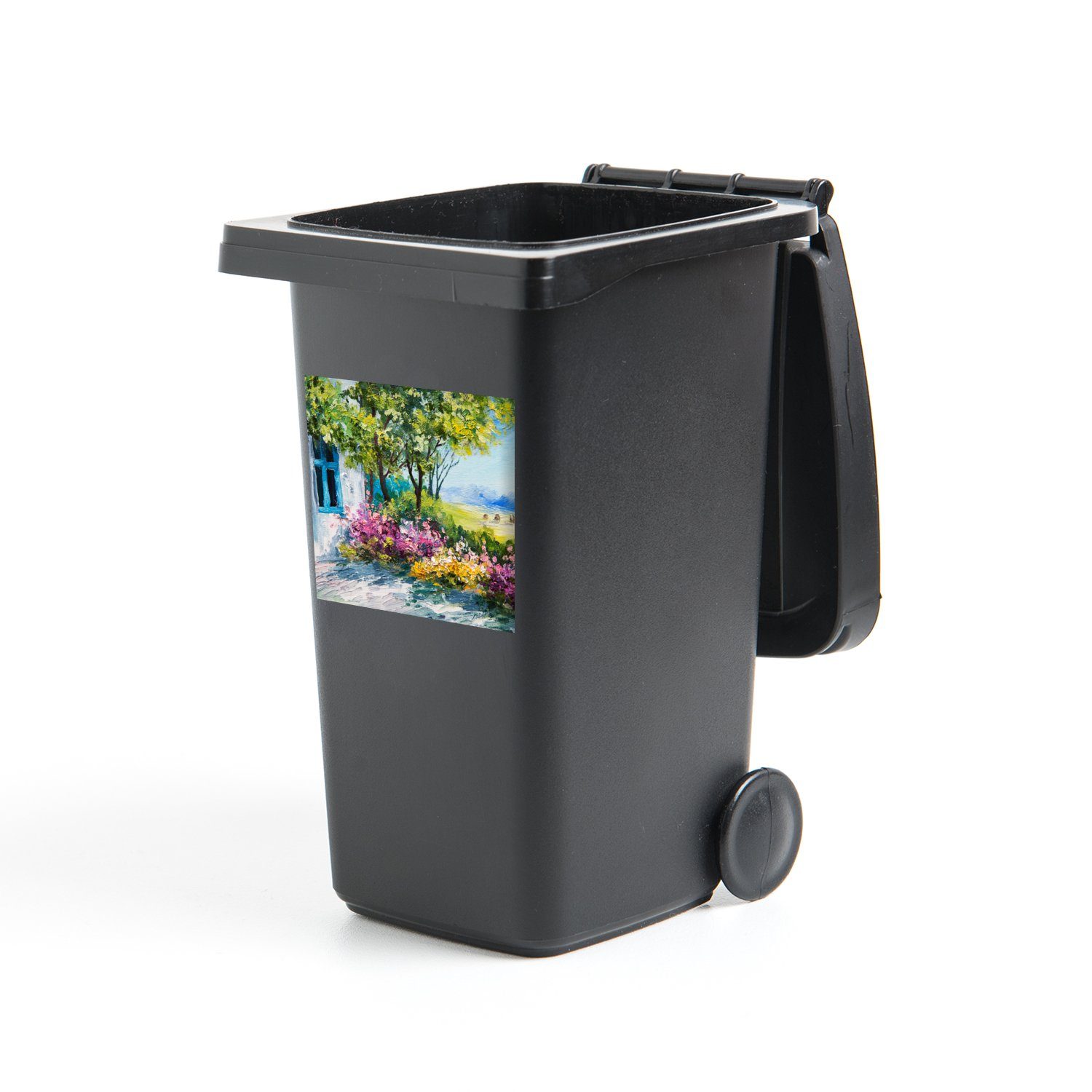 MuchoWow Wandsticker Malerei - Pflanzen - Blumen - Haus - Öl (1 St), Mülleimer-aufkleber, Mülltonne, Sticker, Container, Abfalbehälter