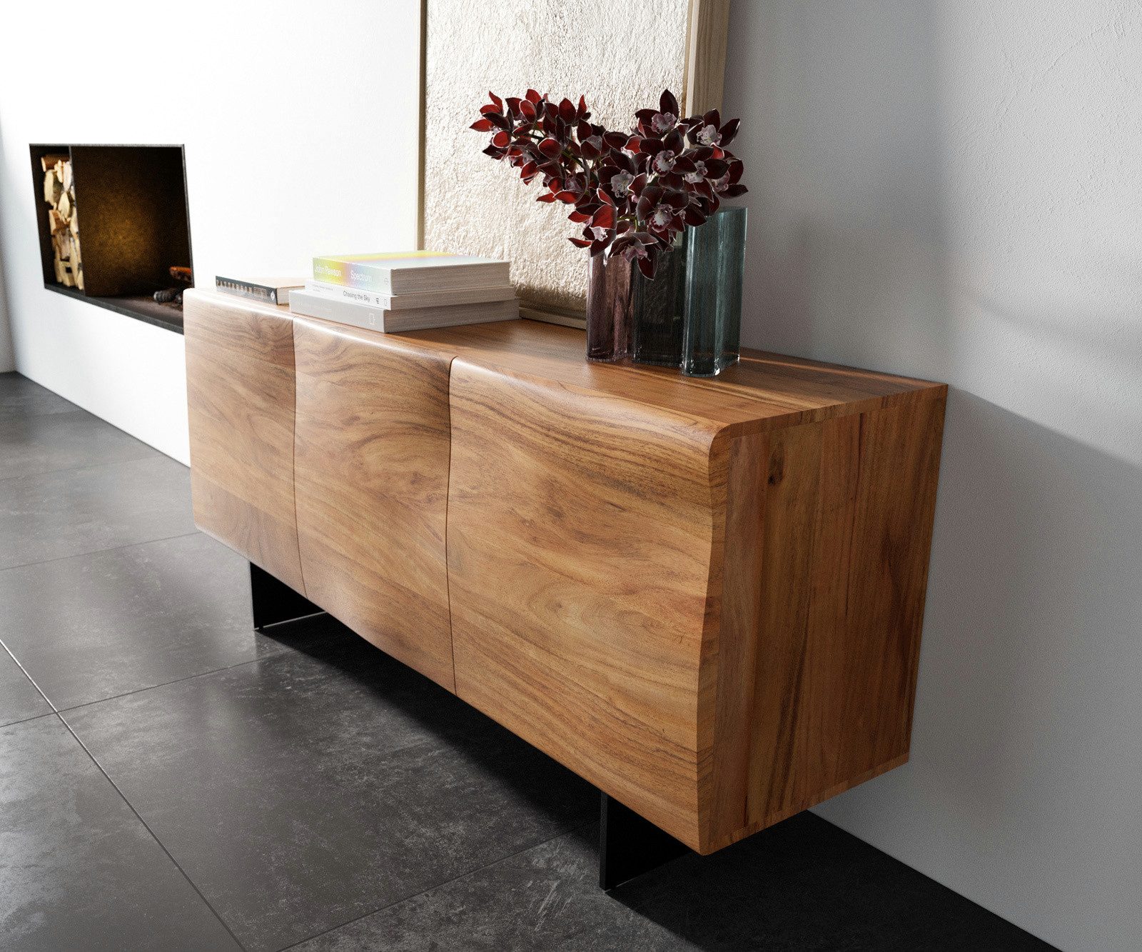 DELIFE Sideboard New, Live-Edge Akazie Natur 145 cm 3 Türen Fuß Schwebeoptik Metall Schwarz