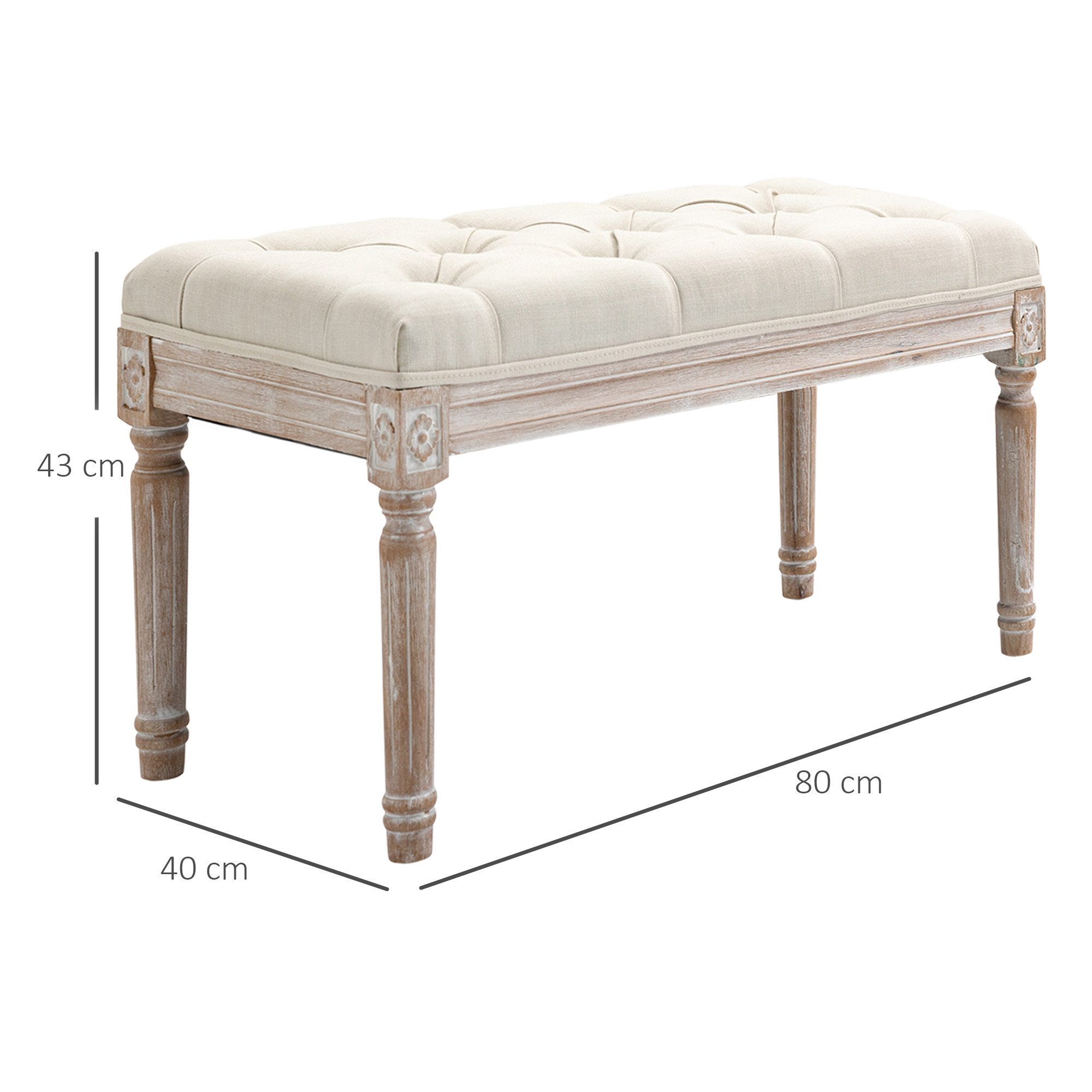 HOMCOM Fußhocker mit Leinenoptik, gepolstertem Sitz, Holzbein (Sitzhocker, 1 St., Polsterhocker), für Wohnzimmer, Schlafzimmer, Cremeweß