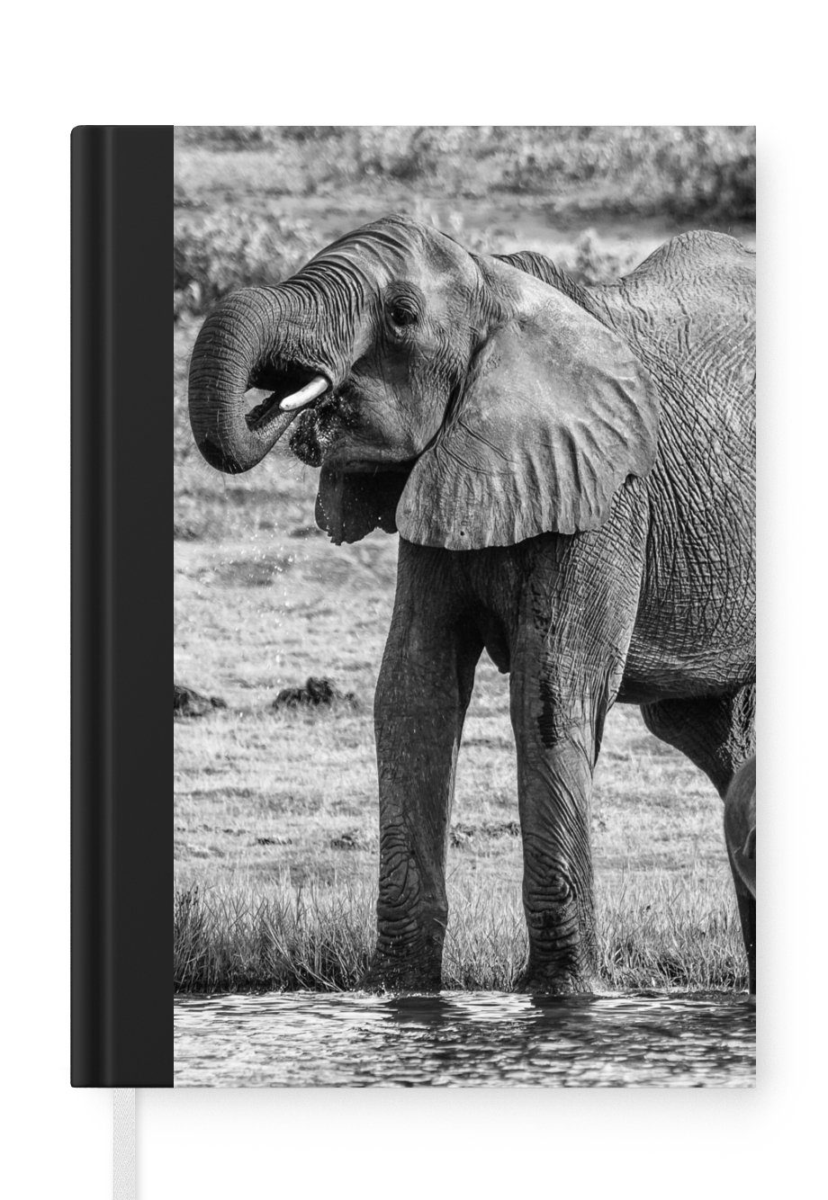 MuchoWow Notizbuch Elefant - Wasser - Tiere - Schwarz - Weiß, Journal, Merkzettel, Tagebuch, Notizheft, A5, 98 Seiten, Haushaltsbuch