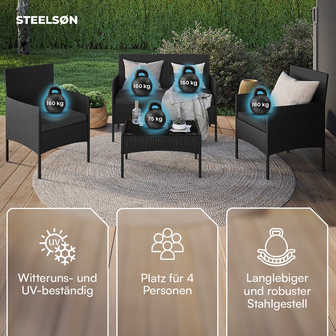 STEELSØN Gartenlounge-Set Thalora, (4-er Set, 1x Sofa, 2x Stuhl, 1x Tisch), Polyrattan Gartenmöbel Set, verschiedene Ausführungen