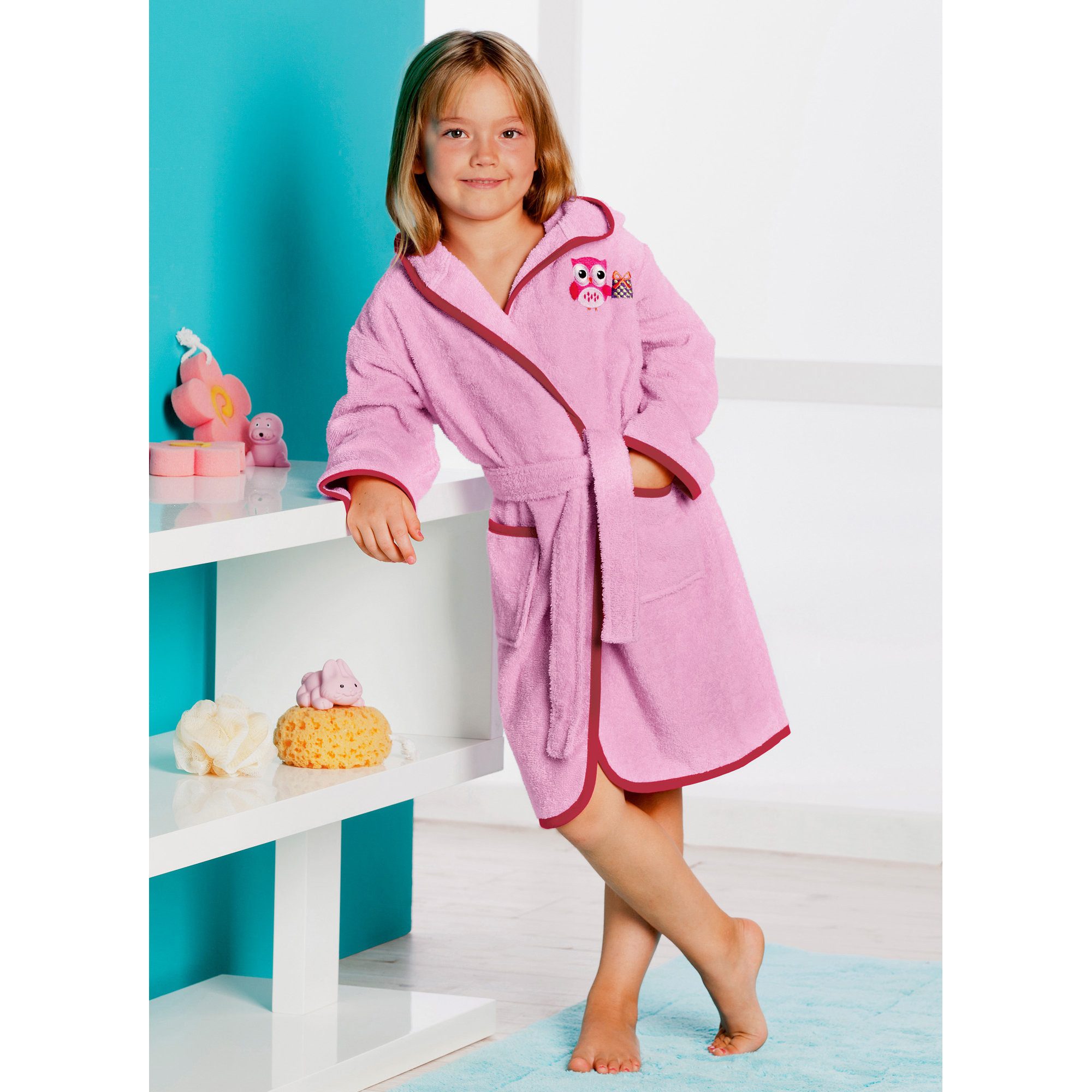 Erwin Müller Kinderbademantel Kinder-Bademantel mit Kapuze, Rückenlänge ##VAR##, Frottier, mit Kapuze/mit Aufsatztasche:, default, Walk-Frottier Uni/Motiv: Eule – Bild 2 von 3