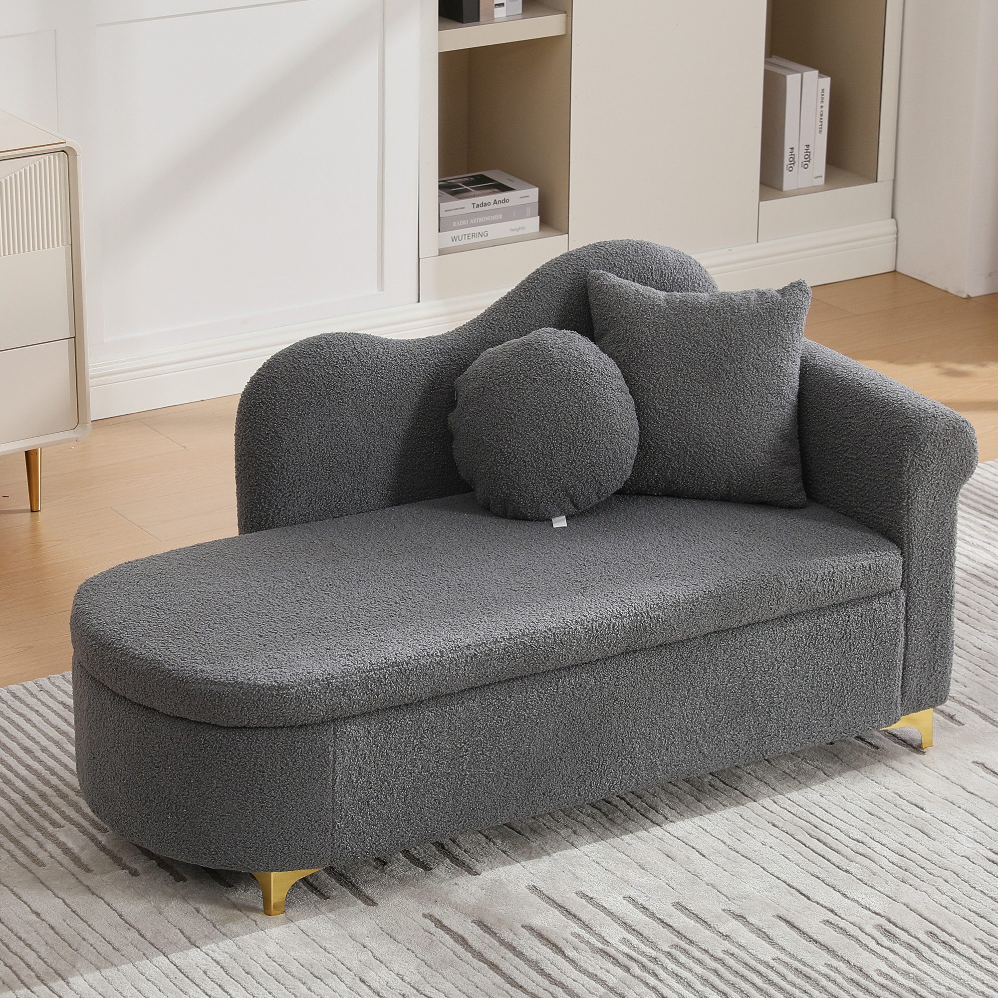 HAUSS SPOLE Schlafsofa mit Stauraum,Chaiselongue Loungesofa mit Lendenkissen & Rückenlehne, Relaxliege mit integriertem Stauraum und Komfortausstattung, Stauraum unter Sitzfläche,Dekokissen inklusive