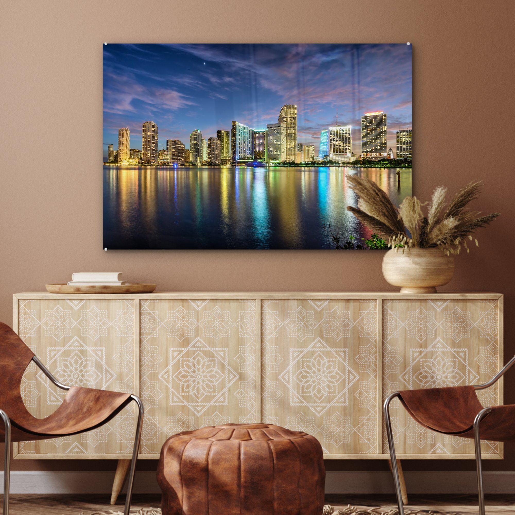 MuchoWow Acrylglasbild Skyline von (1 St), Wohnzimmer Miami, Schlafzimmer Acrylglasbilder &
