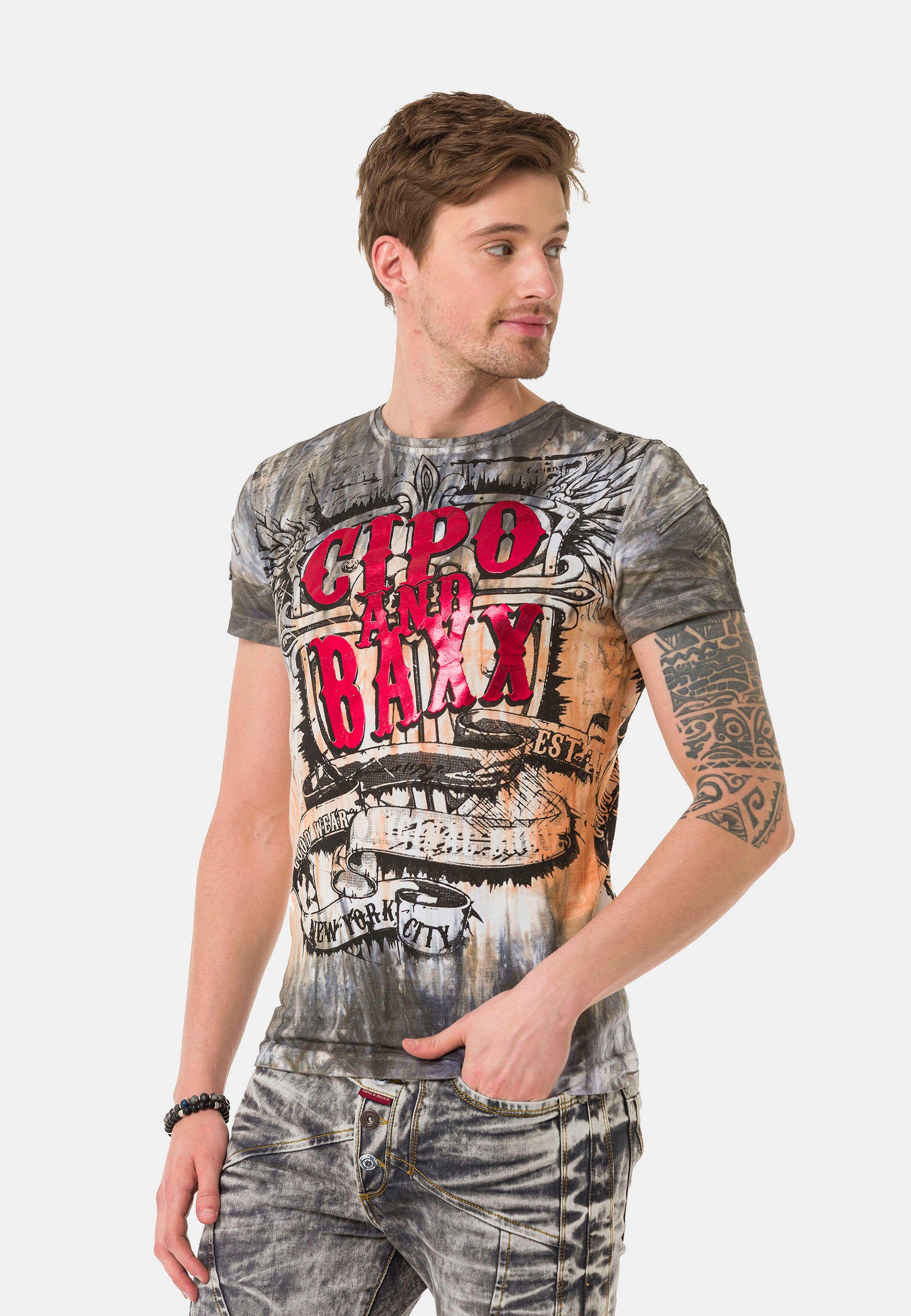 & Cipo grau-pink Schriftzugprints T-Shirt großen Baxx mit