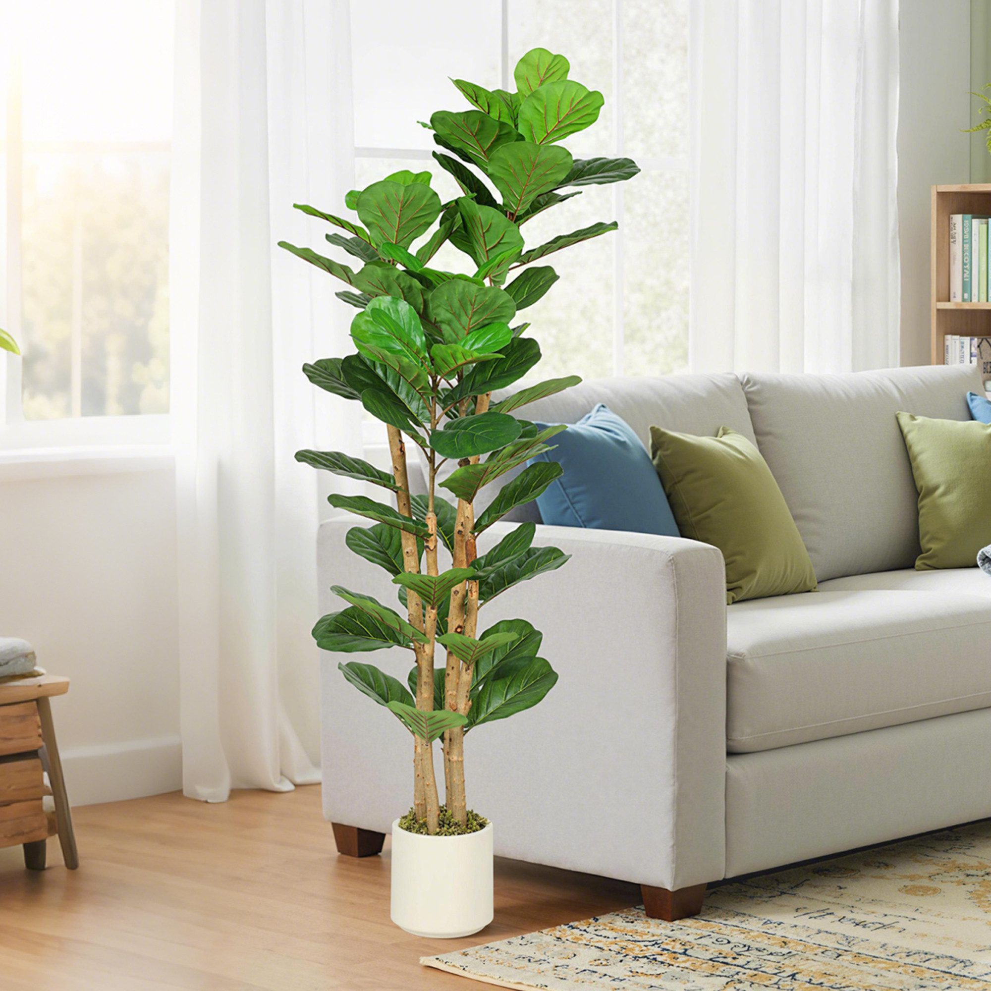 Kunstpflanze Künstlicher mit 71 Blättern, Massivholzstamm, Topf, Deko Geigenfeigenbaum, HOMCOM, Höhe 150 cm, für Wohnzimmer, Schlafzimmer, Büro, Garten, Grün