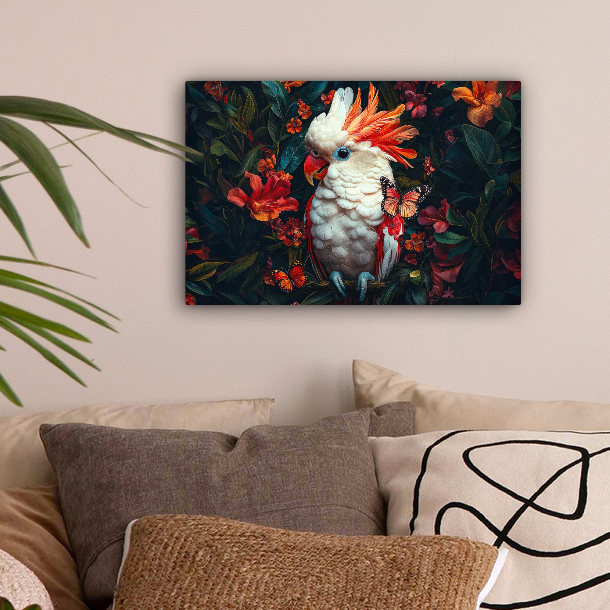 OneMillionCanvasses® Leinwandbild Kakadu - Schmetterlinge - Blumen - Federn - Tier, Fotodruck (1 St), Leinwand Bilder Klein, Wand Dekoration Aesthetic 30x20 cm – Bild 2 von 5