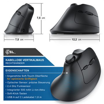 CSL kabellose Vertikalmaus, Wireless 2,4 GHz Funk, ergonomische Maus (Funk, 250 dpi, ergonomisches Design, gegen Mausarm Tennisarm, Multimedia-Drehregler)