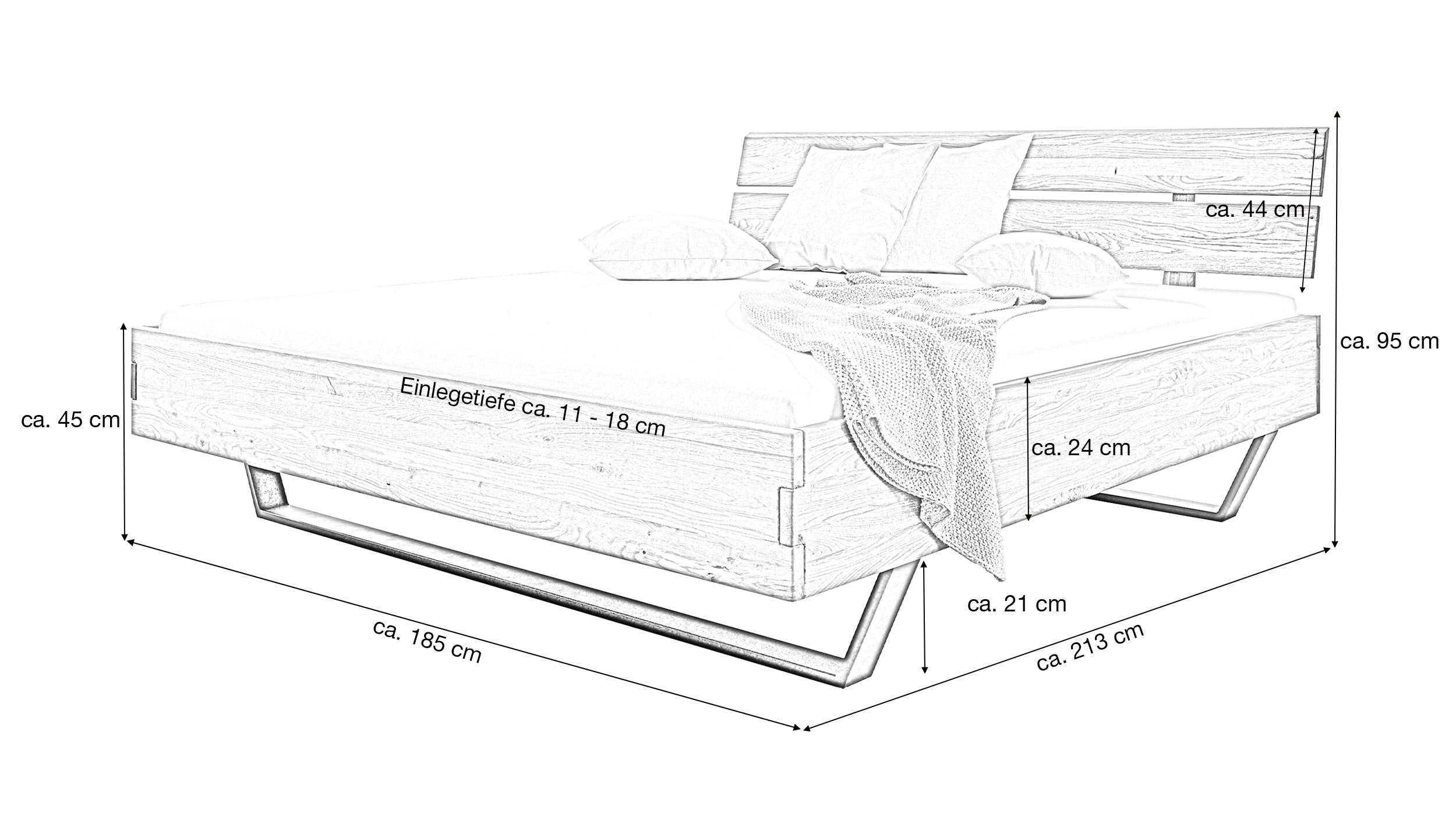 Massivart® Massivholzbett BIRK / Massivholz / Wildeiche geölt / Kopfteil geteilt, Standbeine schwarz Metall / Kufenform / rustikale Optik