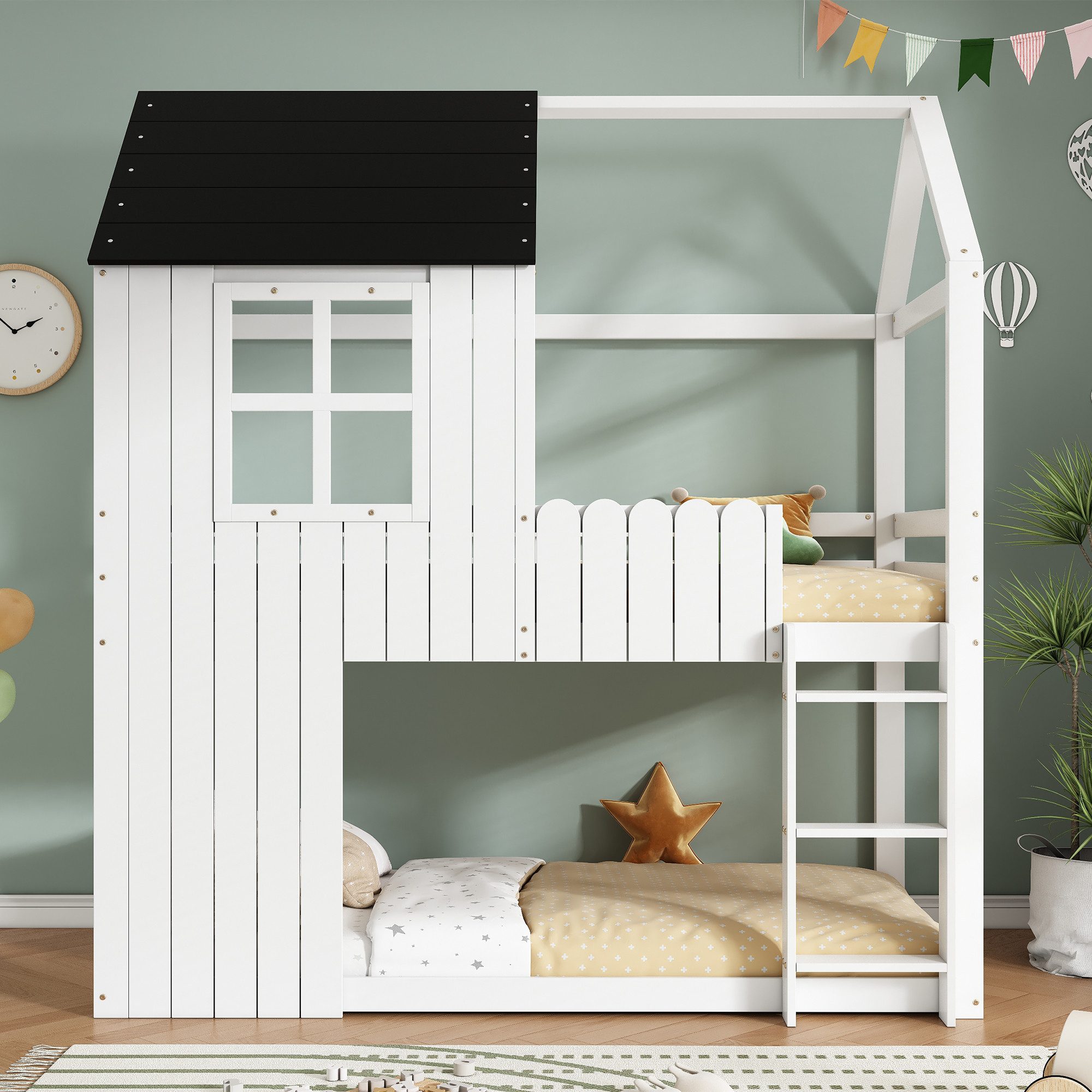 STILVORA Hochbett 90×200 mit Treppe Kinderbett Holzbett in Hausformen, ohne Matratze (Hausbett aus Kiefernholz mit Treppe, Schutzgitter und Freiraum, Stabile Holzkonstruktion, Hausdesign, vielseitig nutzbarer Bereich) Für Kinderzimmer, Spielzimmer, Schlaf- und Lesebereiche