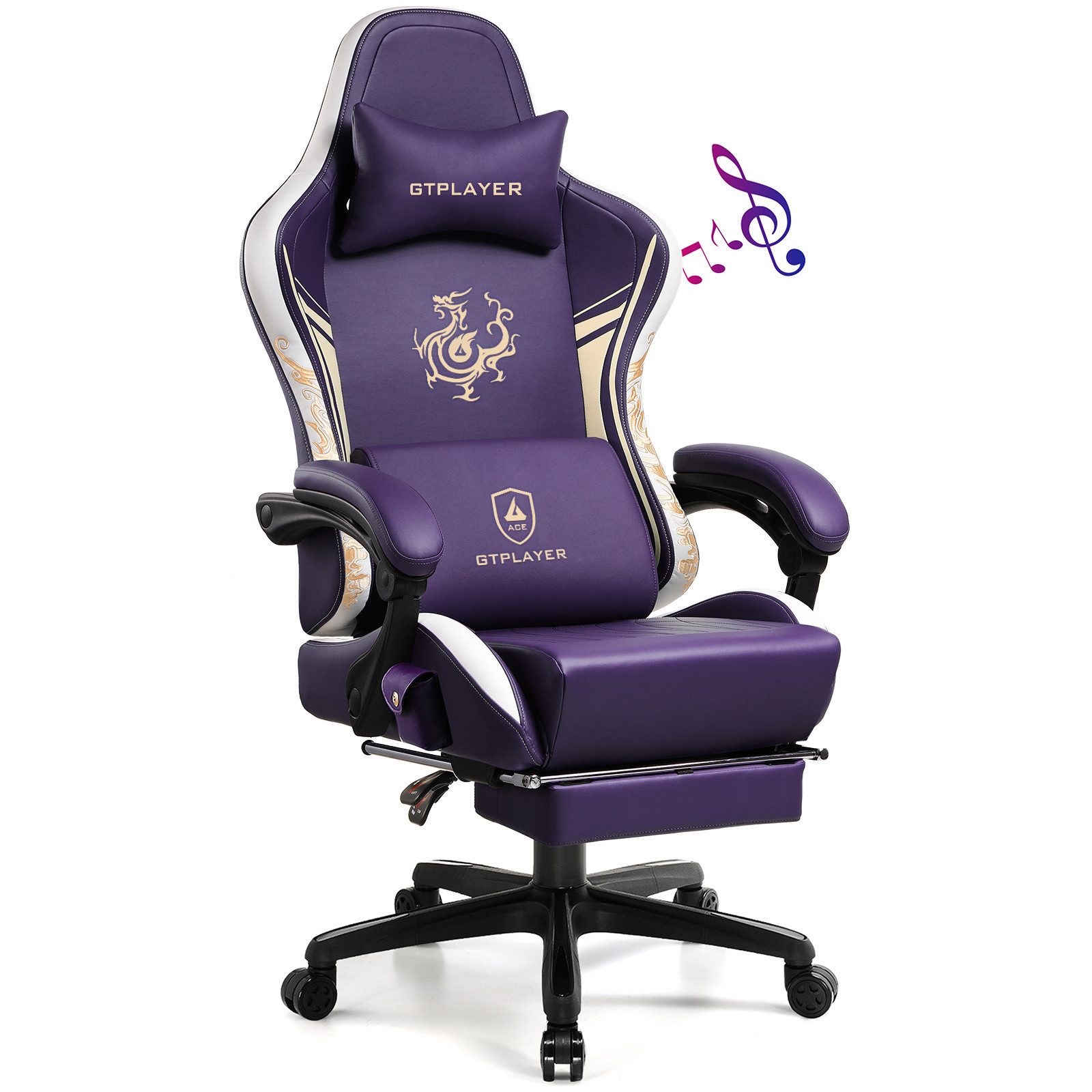 GTPLAYER Gaming-Stuhl Gamer Stuhl mit Bluetooth-Lautsprechern und Fußstütze, Dragon Series, Bürostuhl, Ergonomischer Gaming-Stuhl, Drehsessel, Computerstuhl