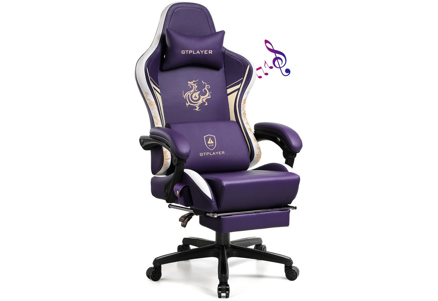 GTPLAYER Gaming-Stuhl Gamer Stuhl mit Bluetooth-Lautsprechern und Fußstütze, Dragon Series, Bürostuhl, Ergonomischer Gaming-Stuhl, Drehsessel, Computerstuhl