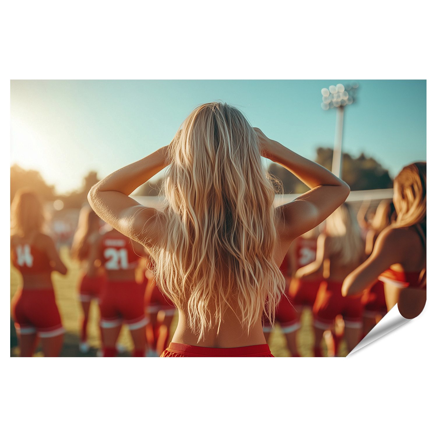 islandburner Poster Frau blickt auf Footballspiel bei Sonnenuntergang
