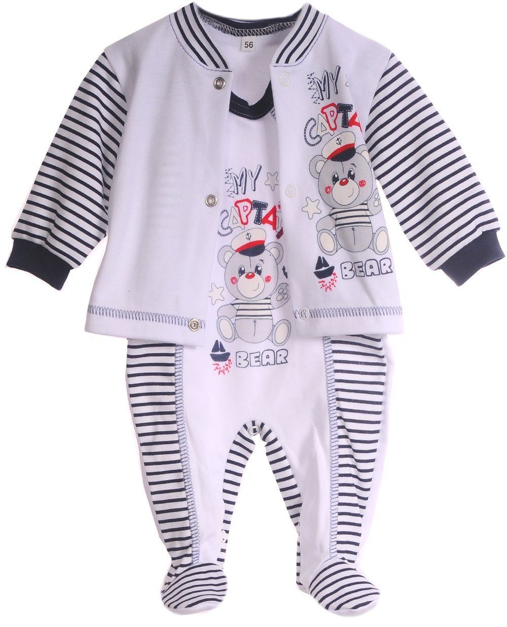 La Bortini Strampler Baby Anzug 3Tlg Strampler Hemdchen Mütze mit Anker und Bär aus reiner Baumwolle, 44-50 56 62 68 74 80 in weiß blau